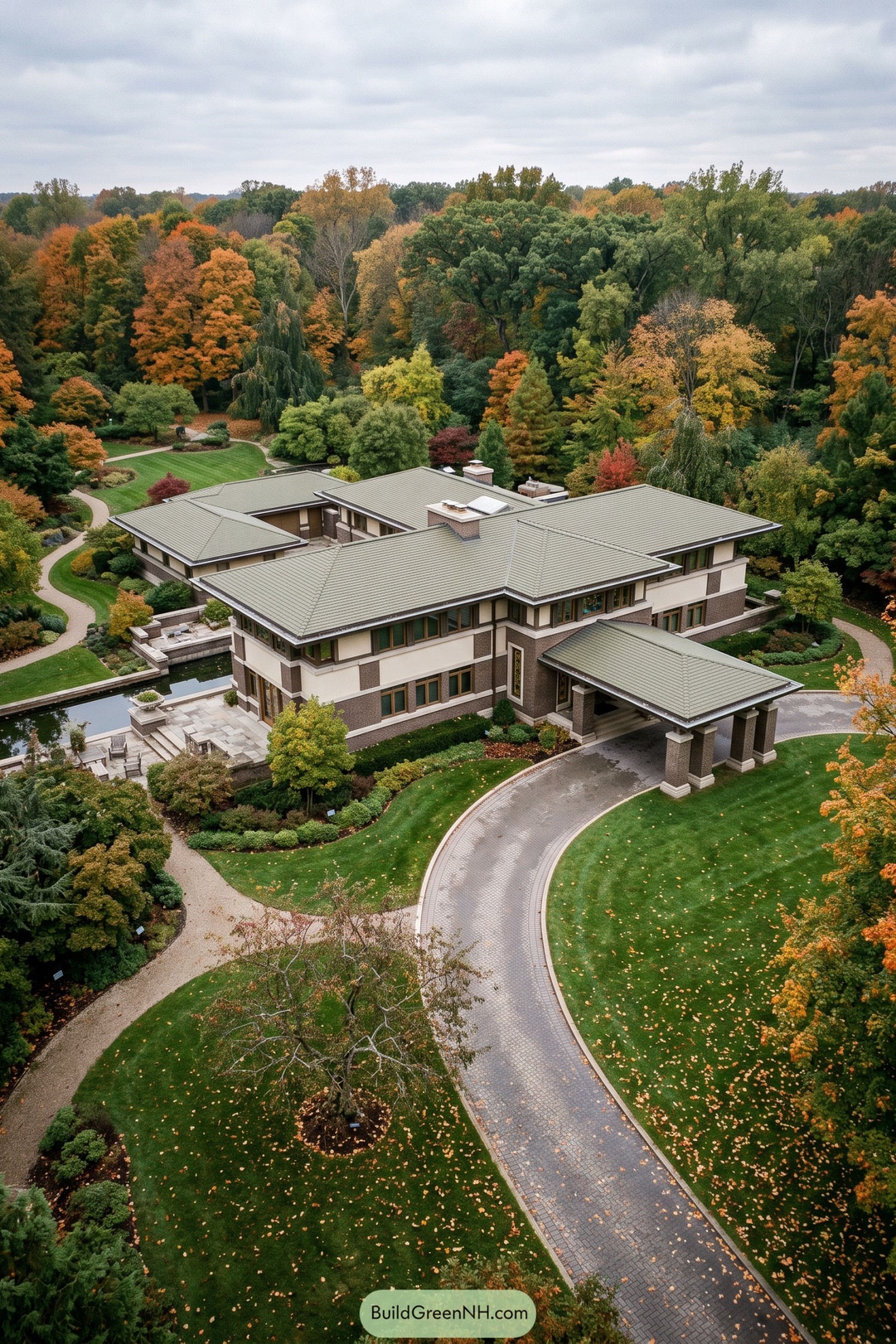A sprawling Prairie style estate with porte cochere amid autumn trees