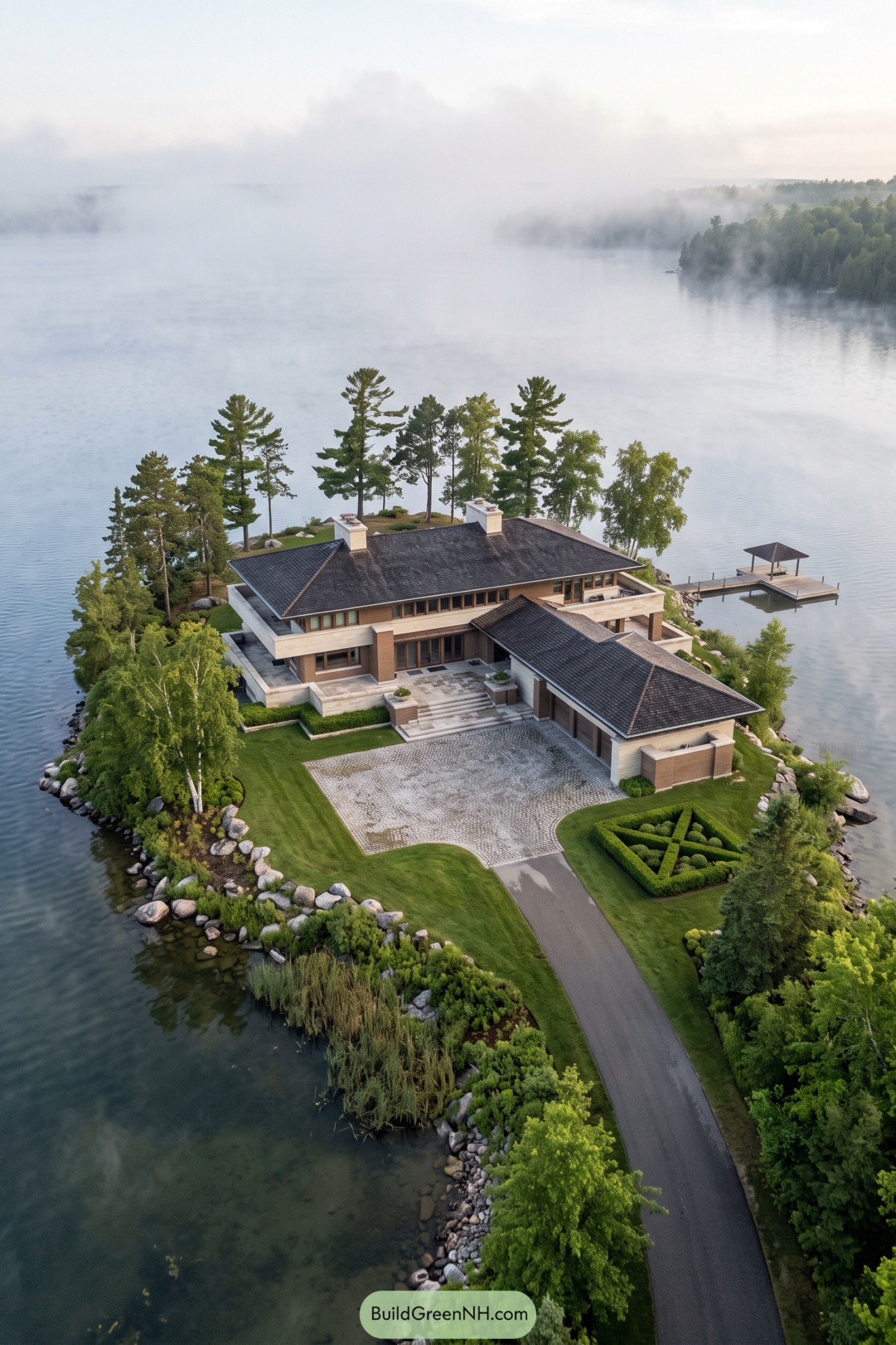 Aerial view of a prairie style lakeside residence with dock