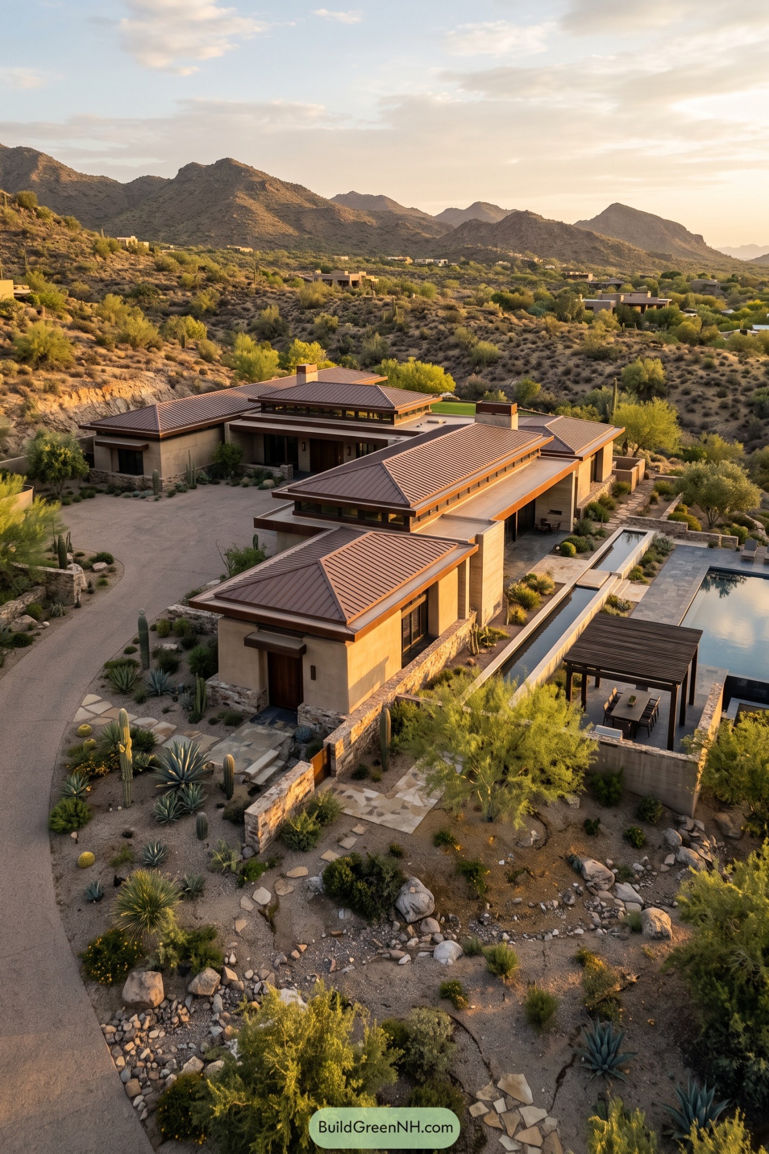 Desert prairie estate with layered roofs and reflecting pools