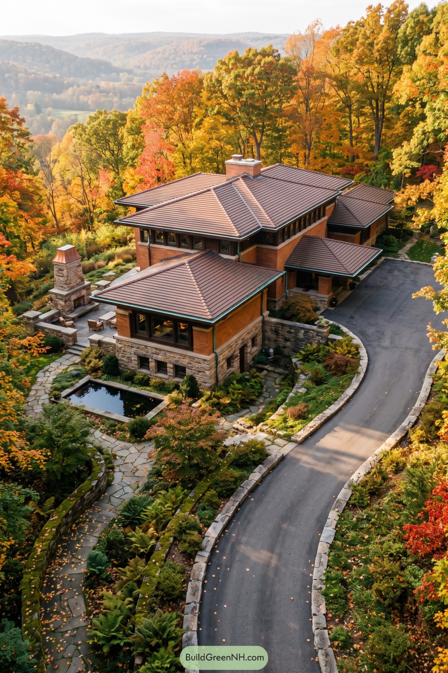 Prairie house with layered roofs amid autumn woods