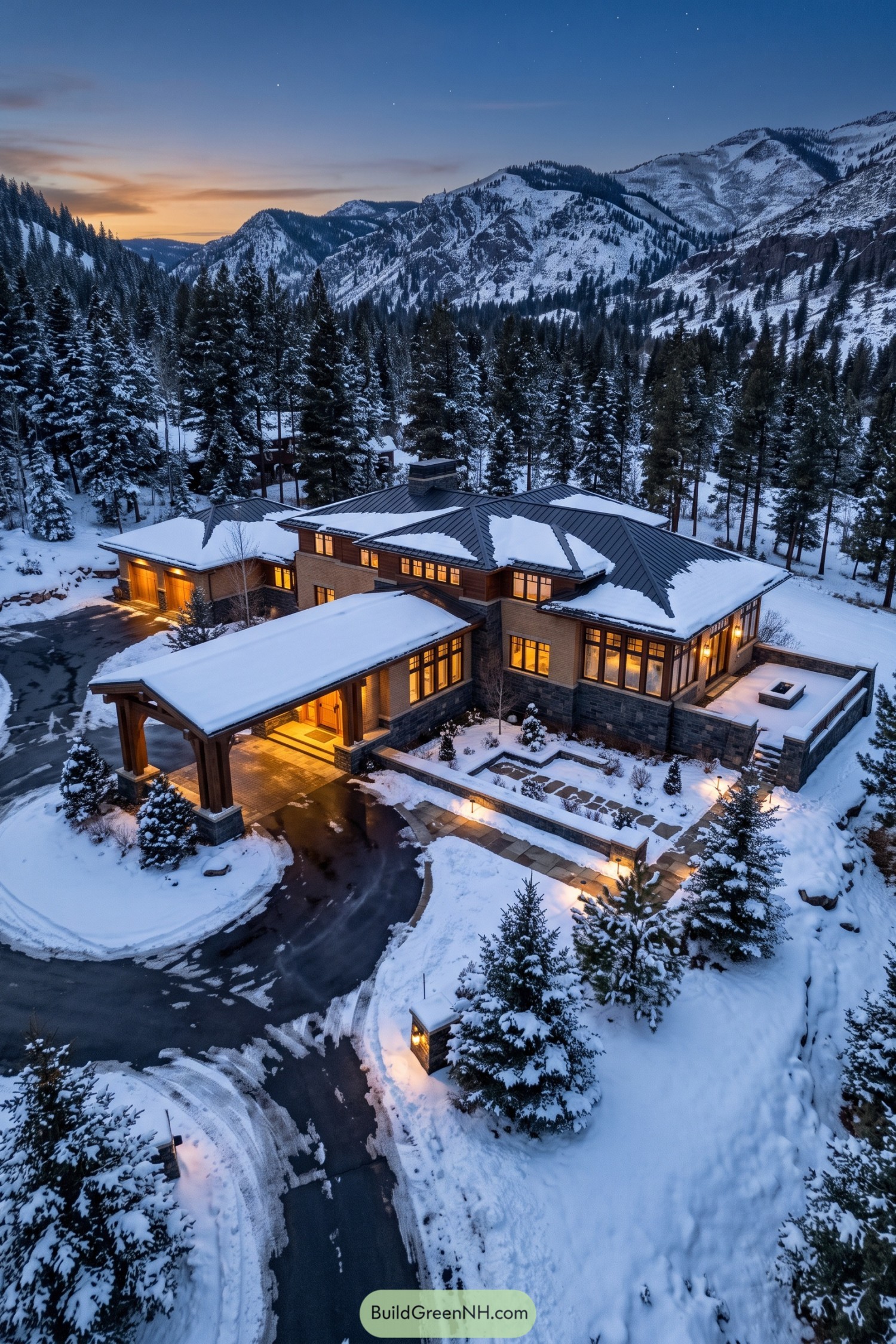 Snowy prairie style home nestled among mountain pines