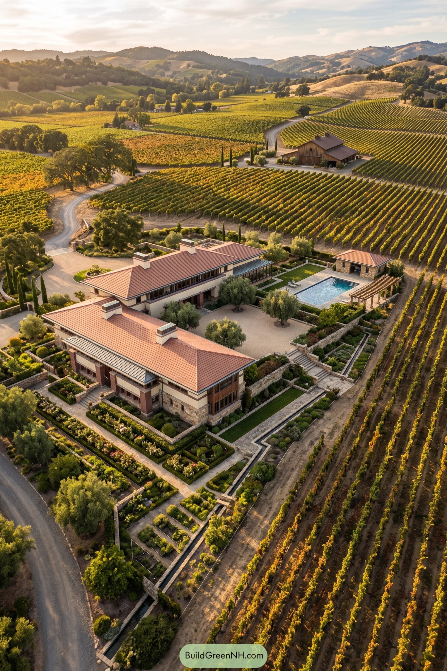 Prairie villa with pool amid vineyard rows