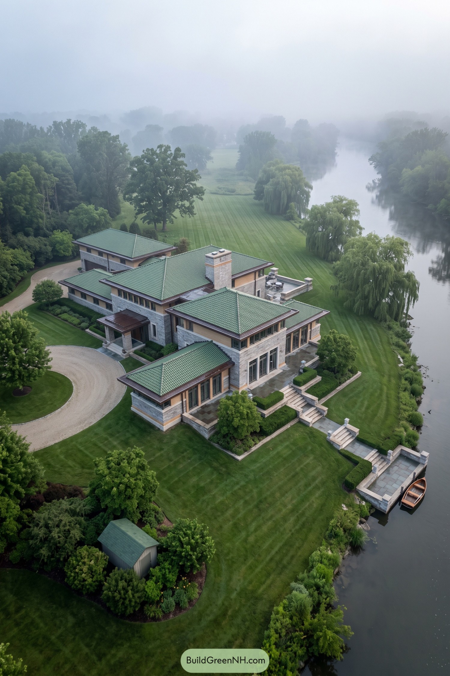 A riverside Prairie estate with green tiled roofs and stone terraces