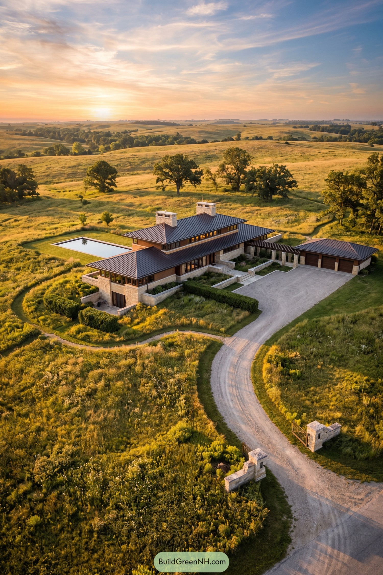 Prairie style estate with stone walls and broad roofs