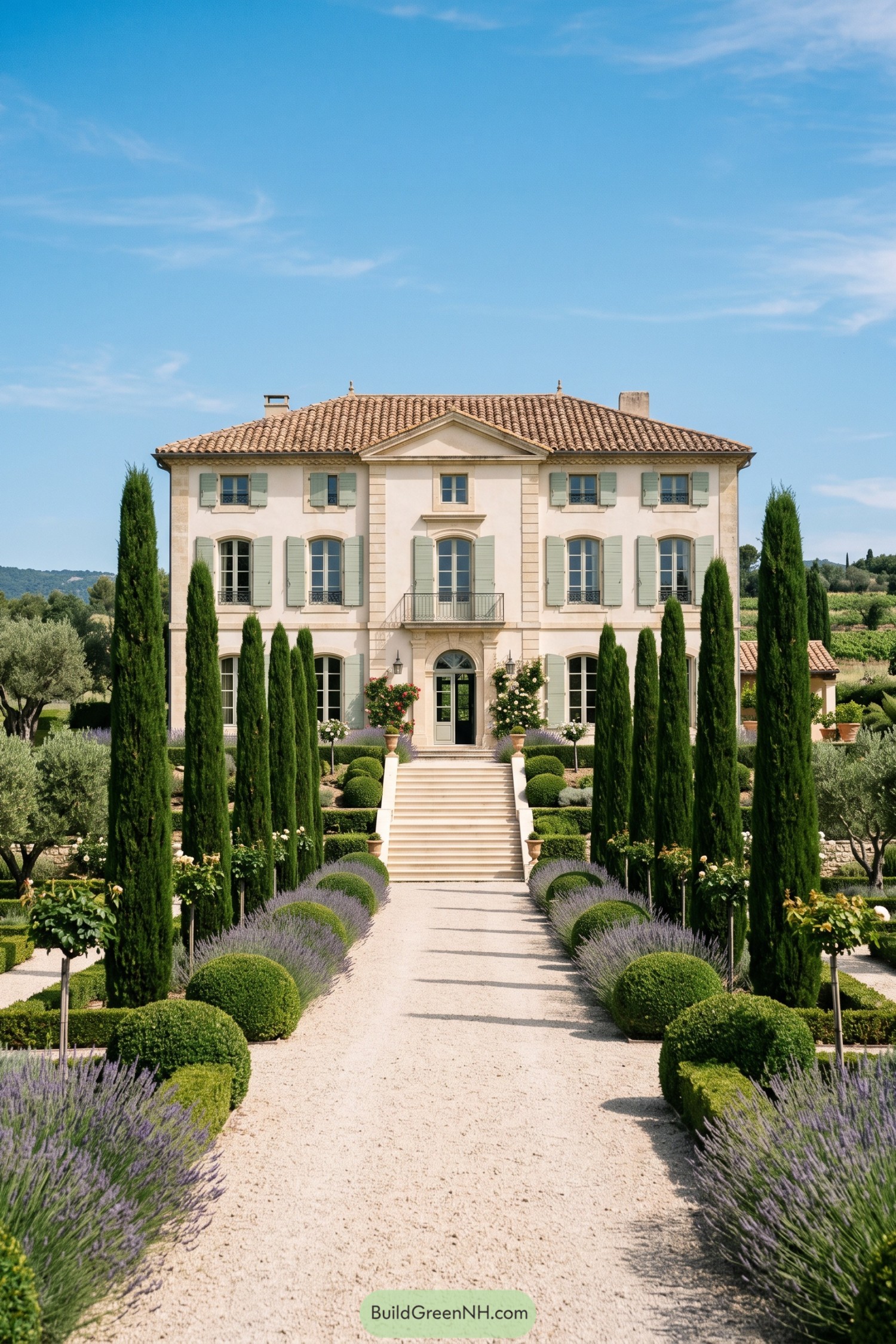 Elegant Provençal manor with cypress-lined garden path