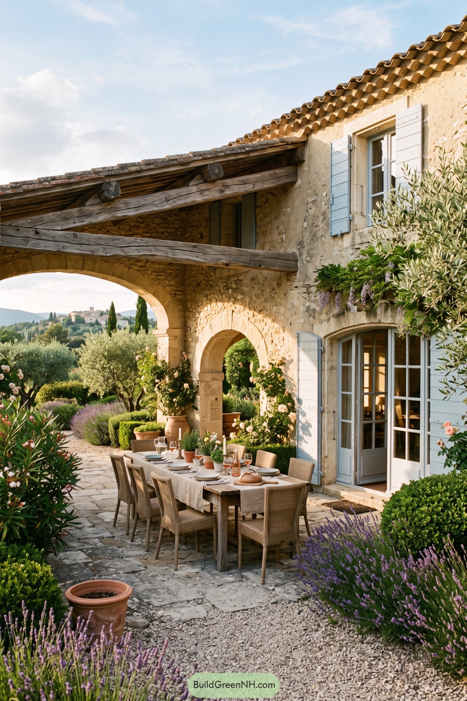 Stone farmhouse with pale shutters and garden dining terrace