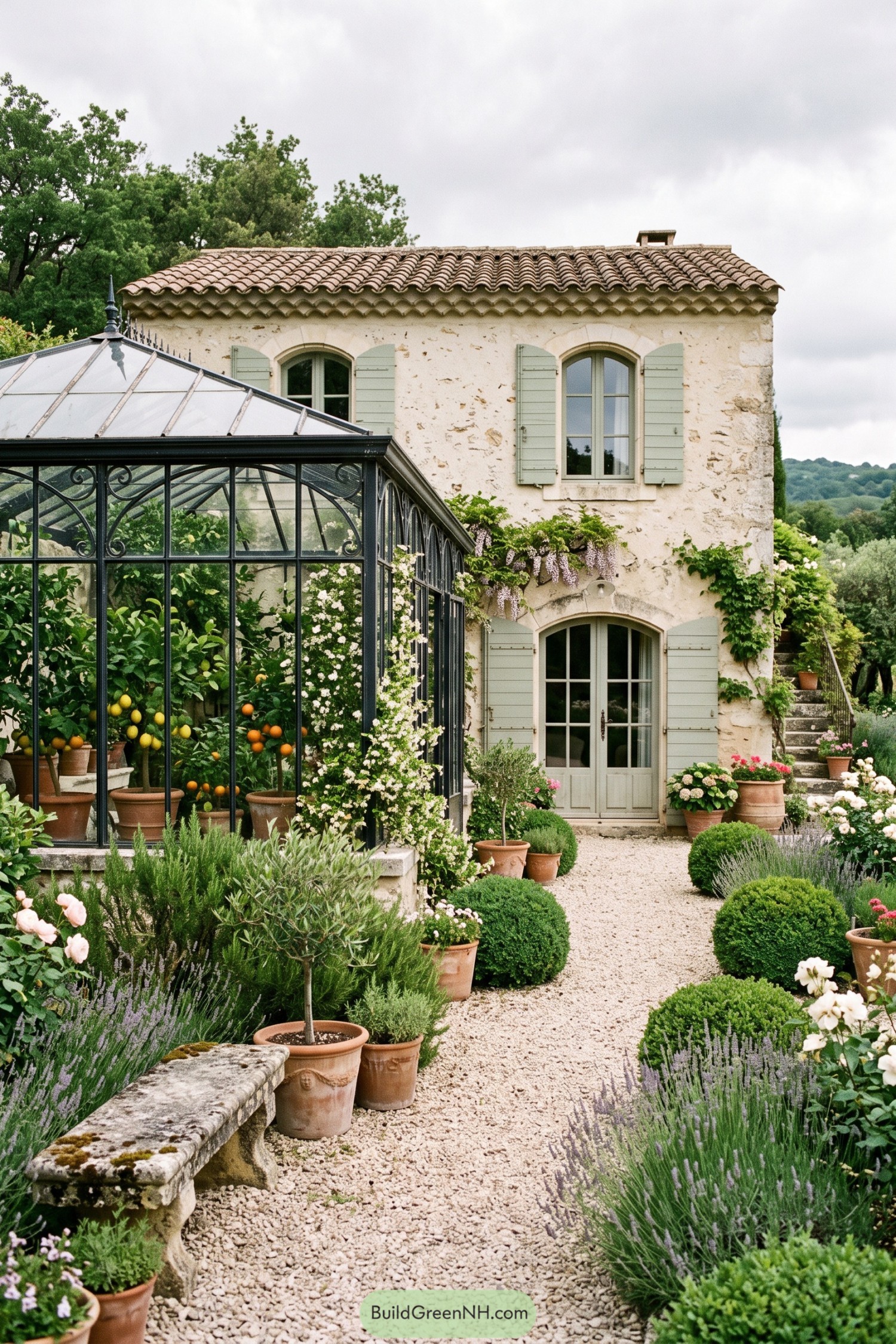 Provence house with a glass orangery and gravel garden