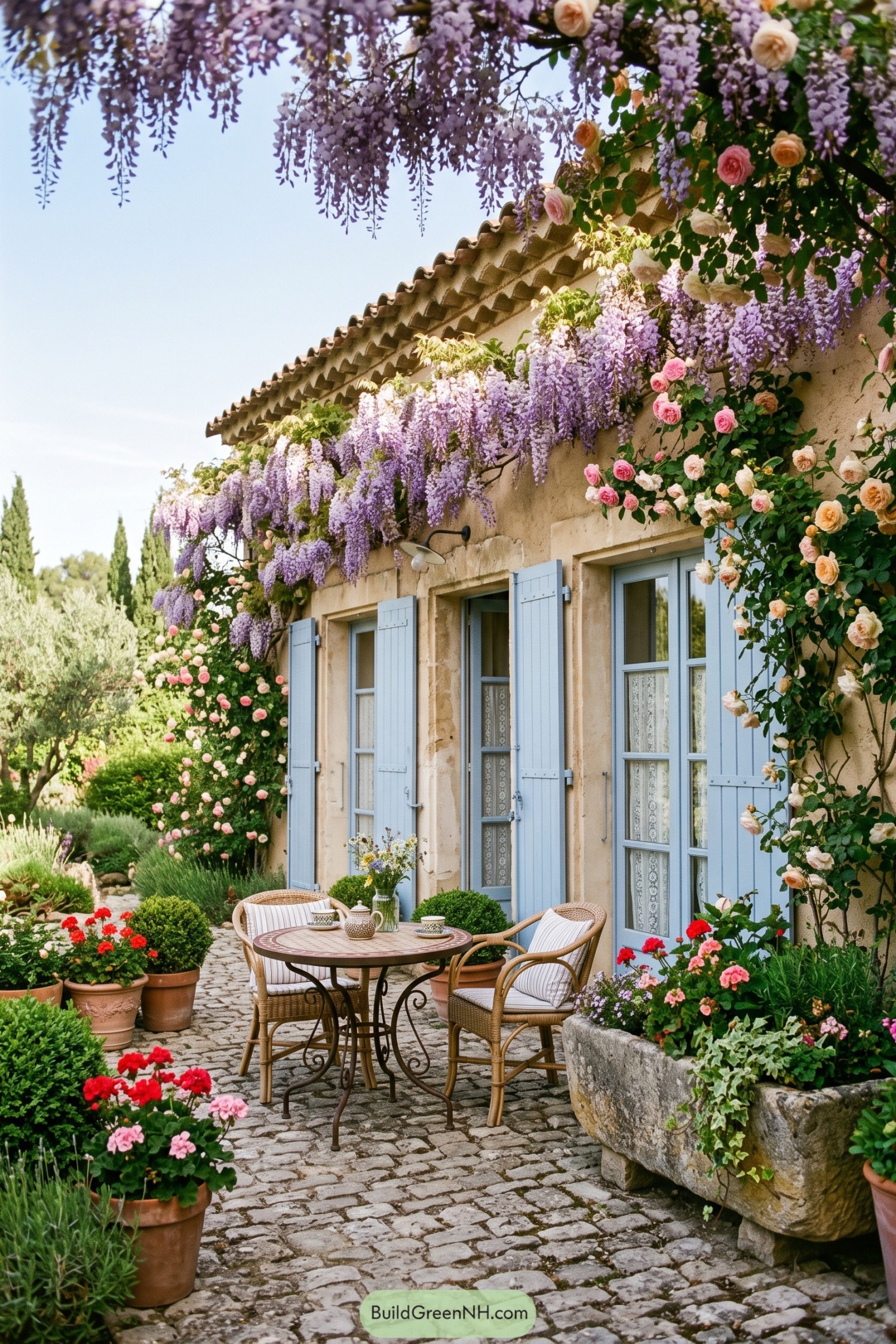 Provence cottage patio with blue shutters and flowering vines