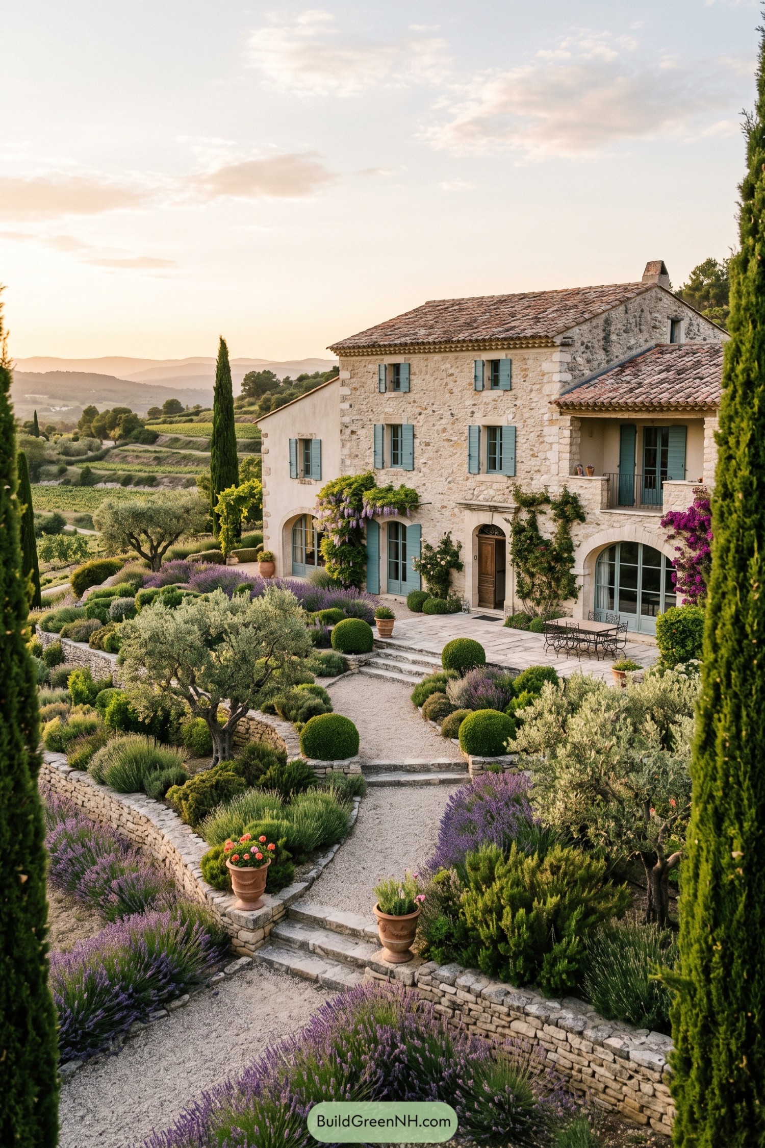 Stone Provence house with blue shutters and terraced lavender garden