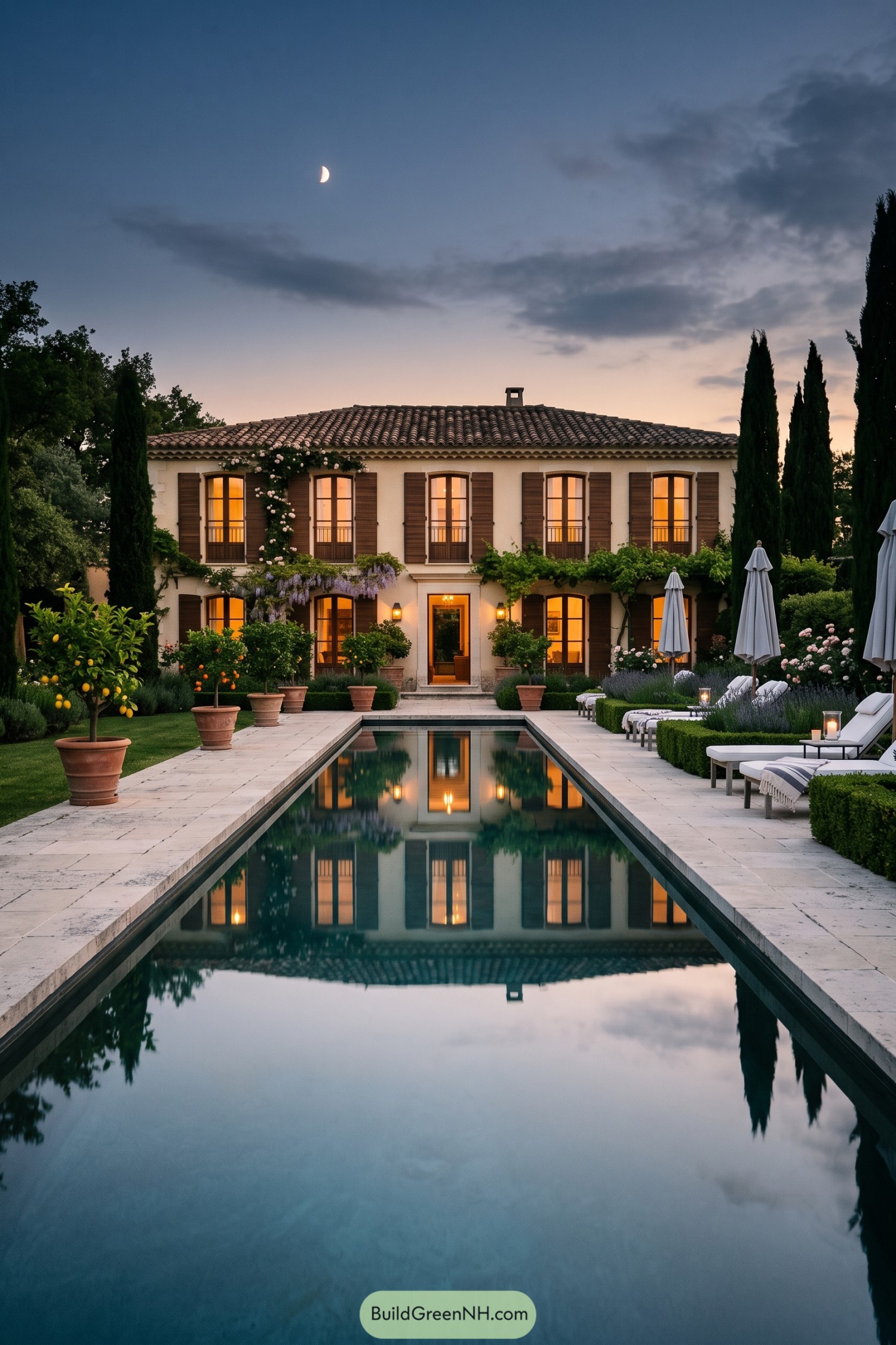 Provence villa with a lap pool and citrus garden at dusk