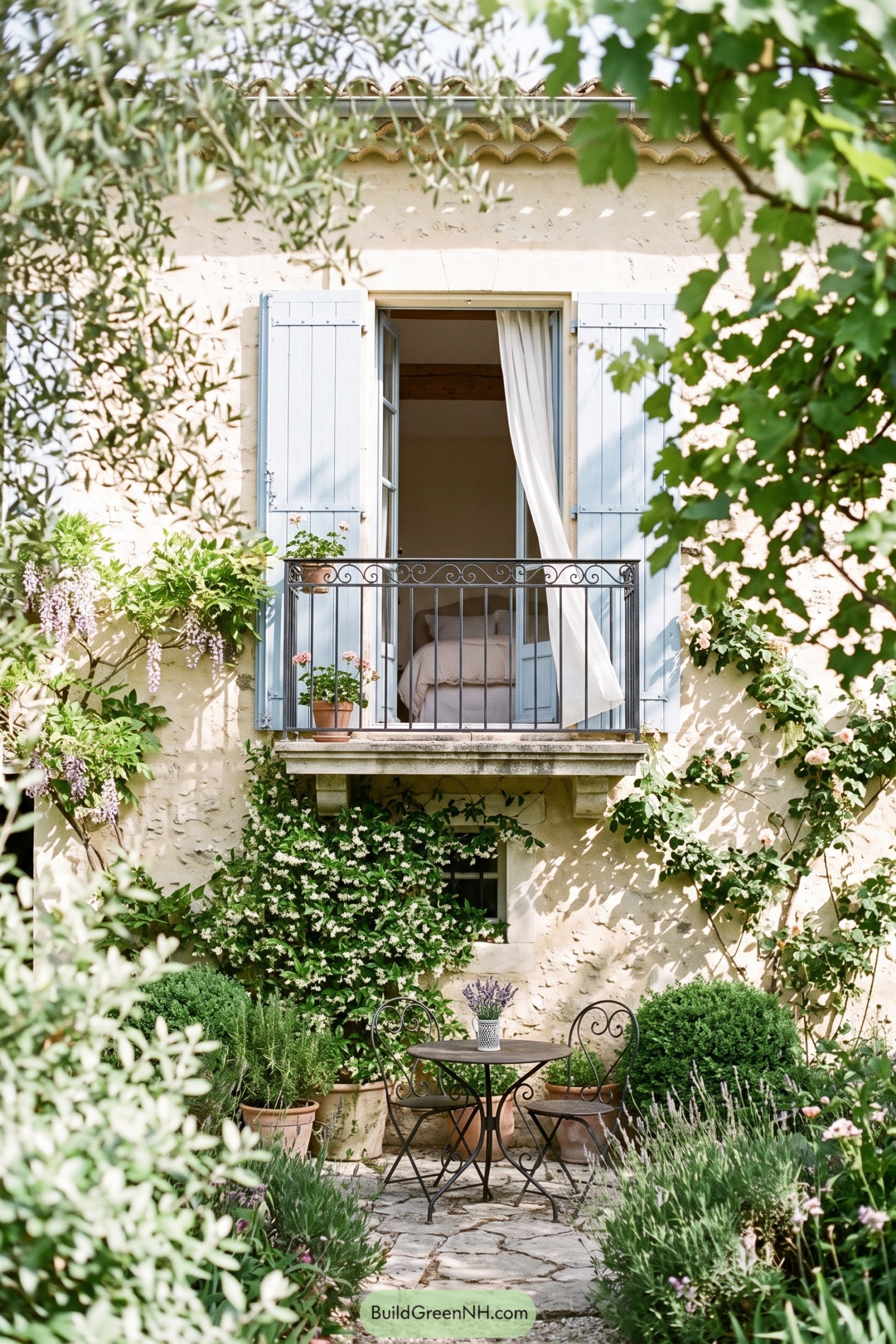 Blue shutters frame a wrought iron balcony above a lavender-lined stone patio