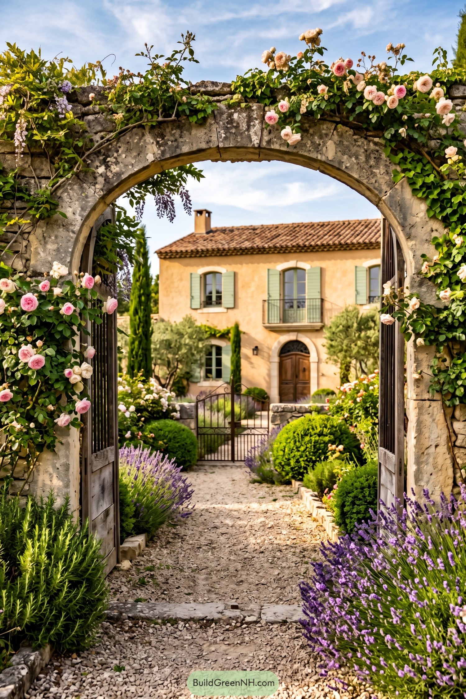Stone arch with roses framing a lavender-lined path to a Provençal house