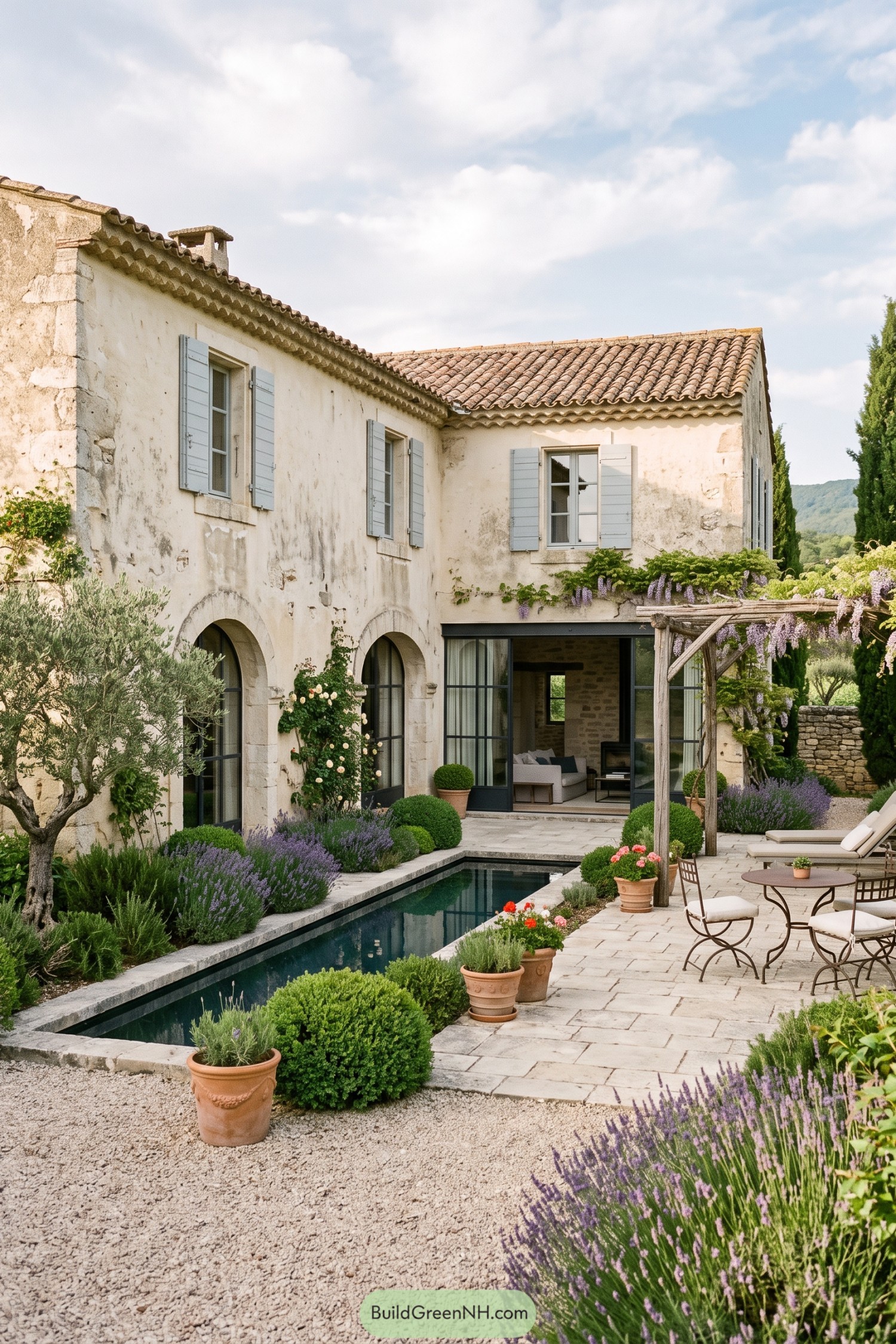Weathered stucco villa with arches and a narrow pool