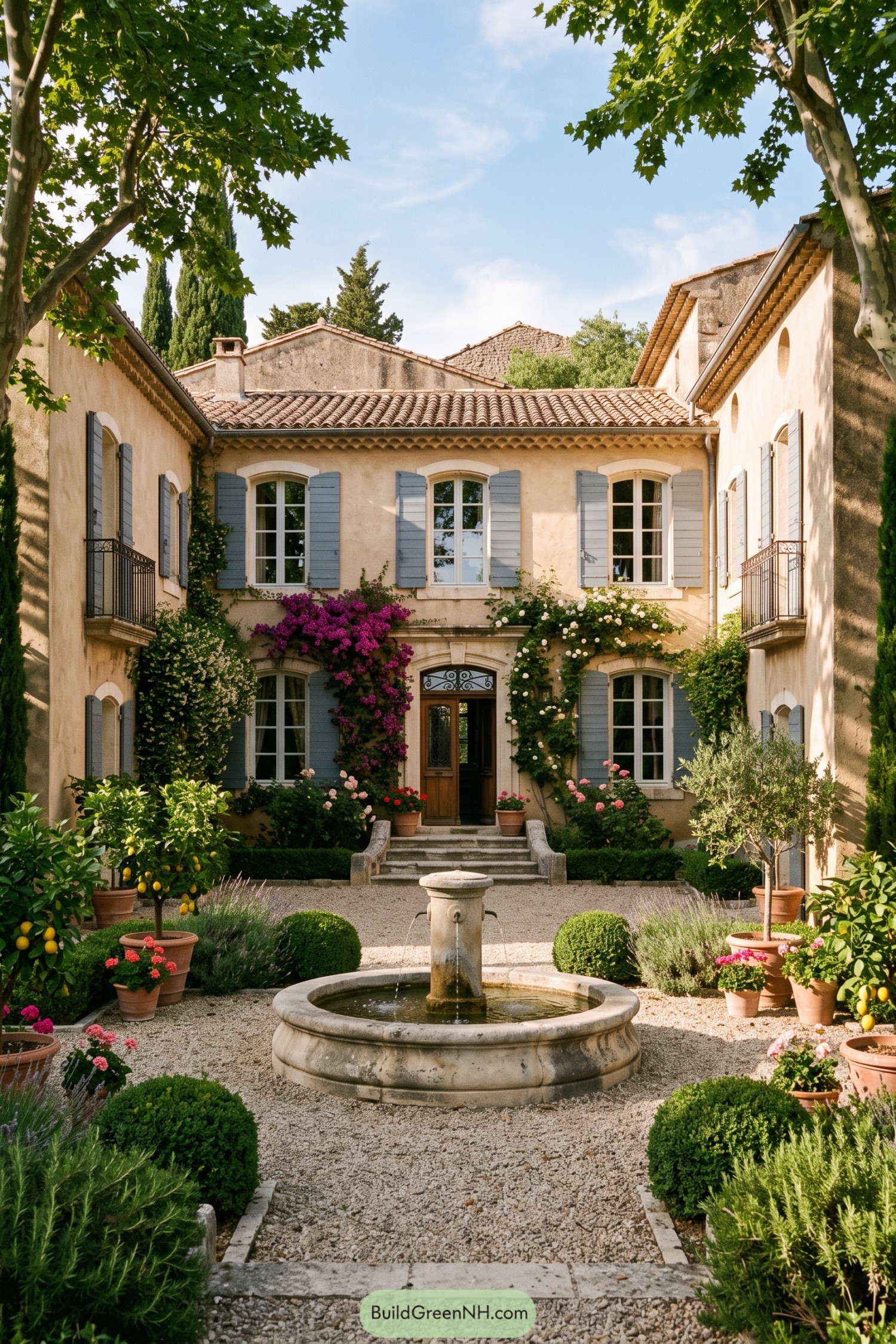 Provençal villa with blue shutters and a central stone fountain