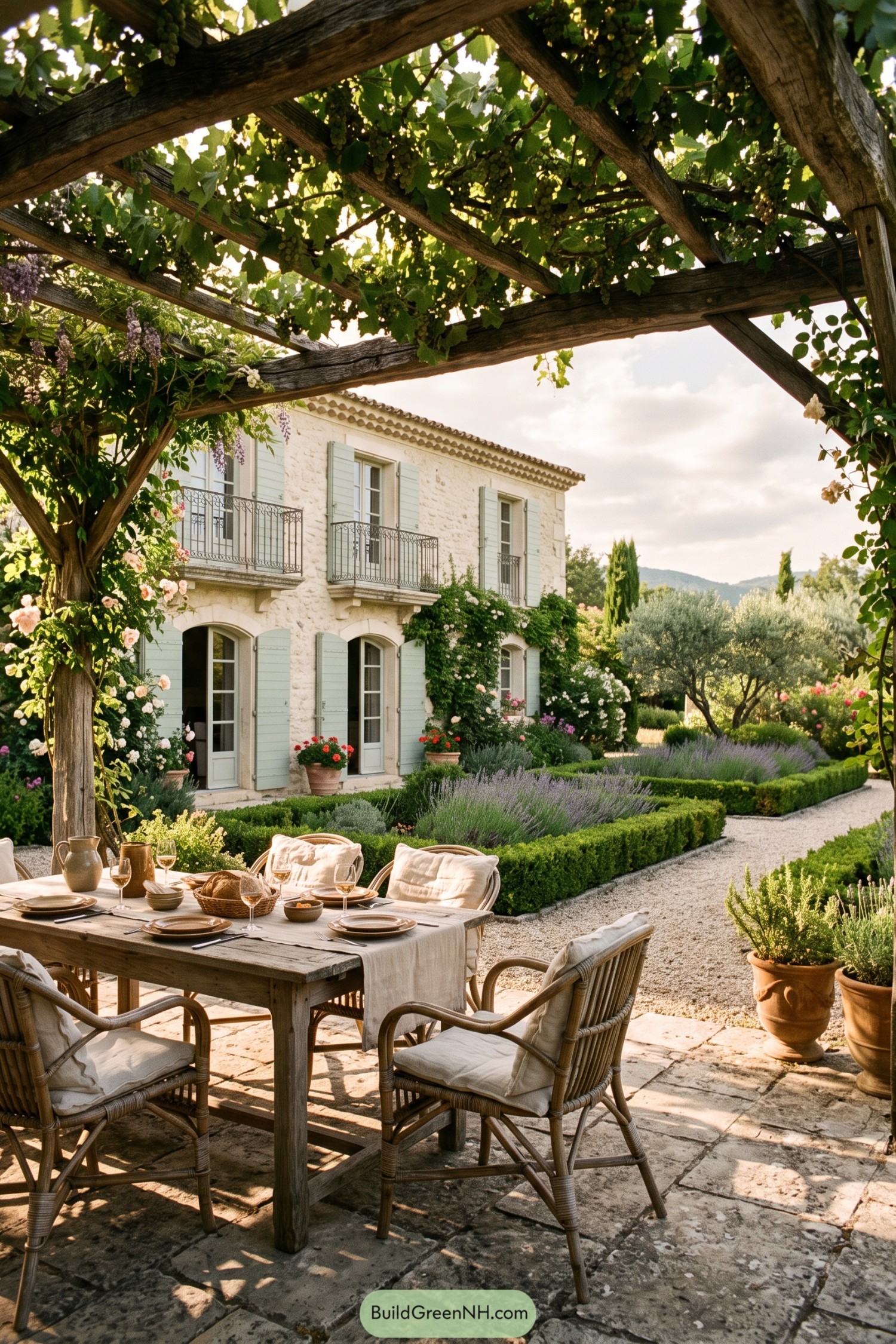 Stone farmhouse with mint shutters beneath a grapevine pergola