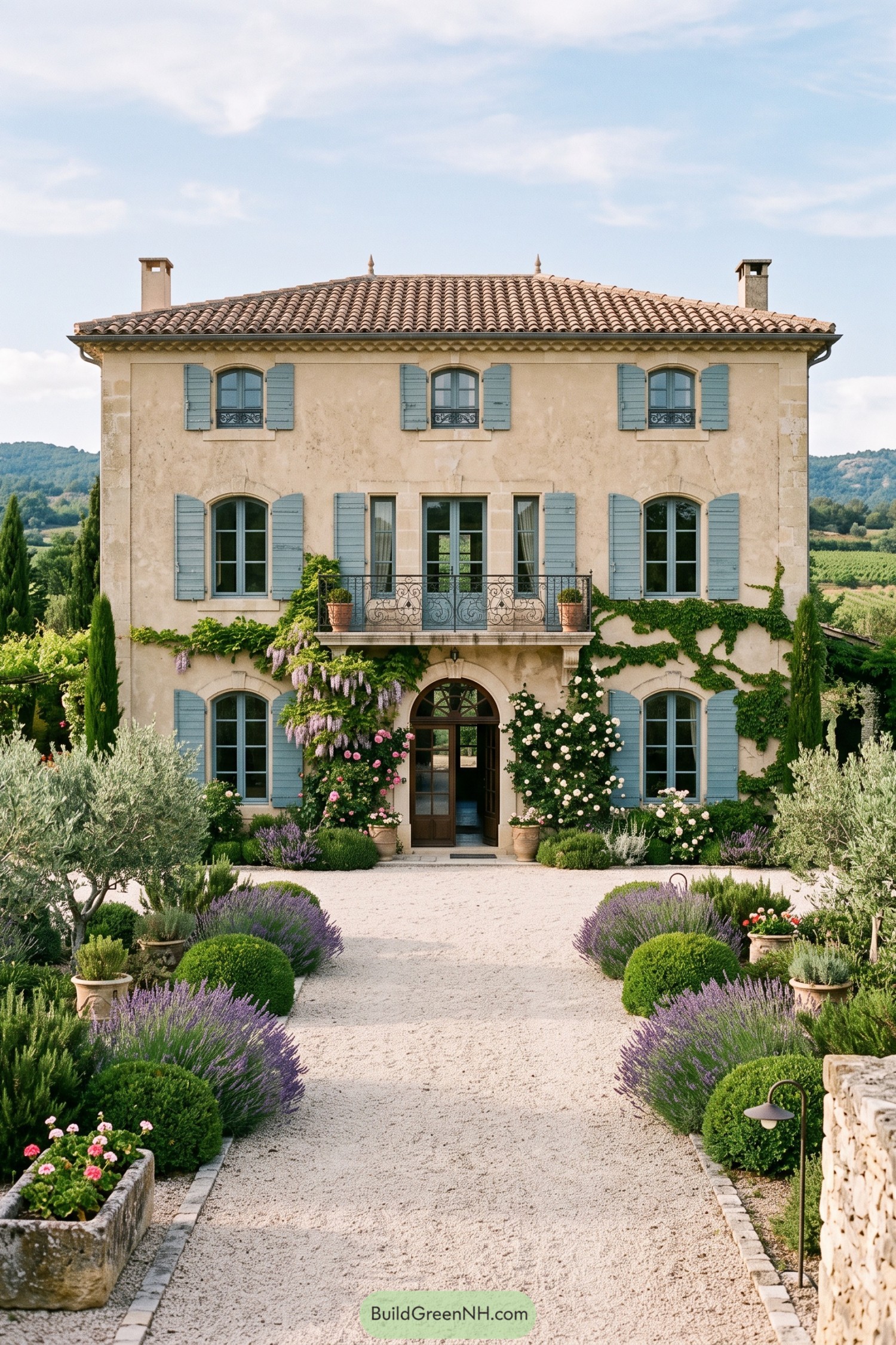 Three story Provençal house with blue shutters and a lavender lined gravel path