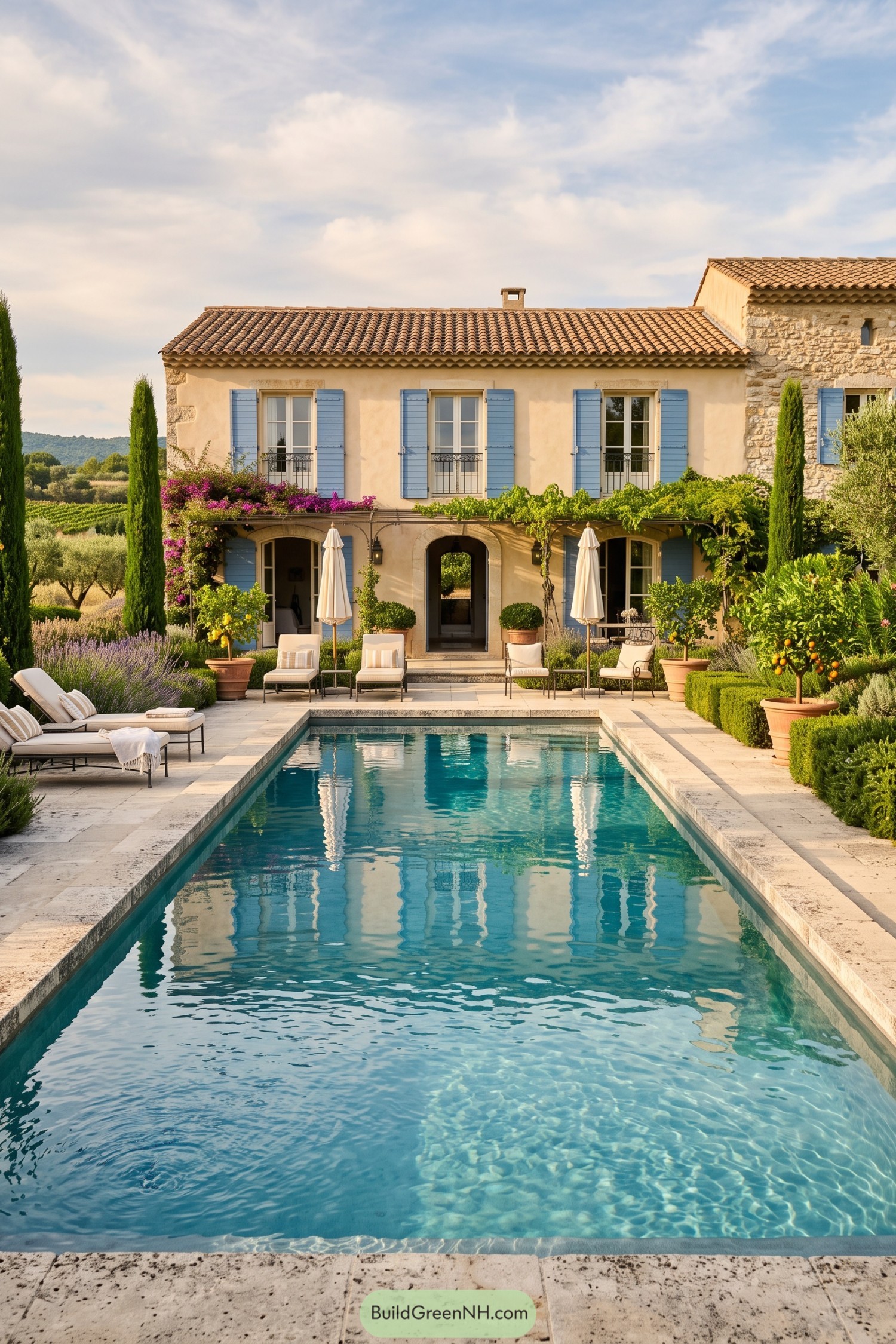 Provence house with blue shutters and garden pool