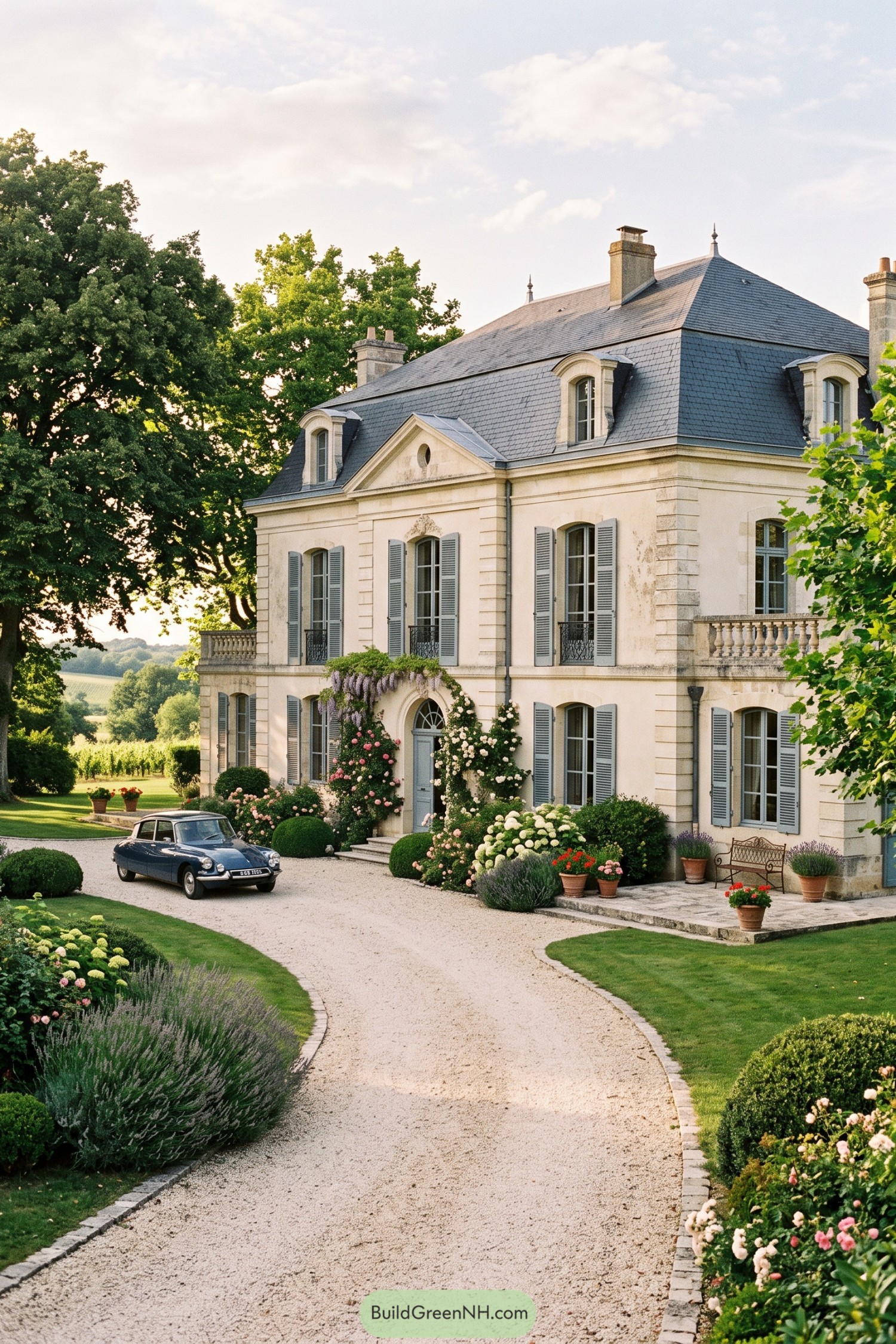 French-inspired manor with gray shutters and rose-lined drive