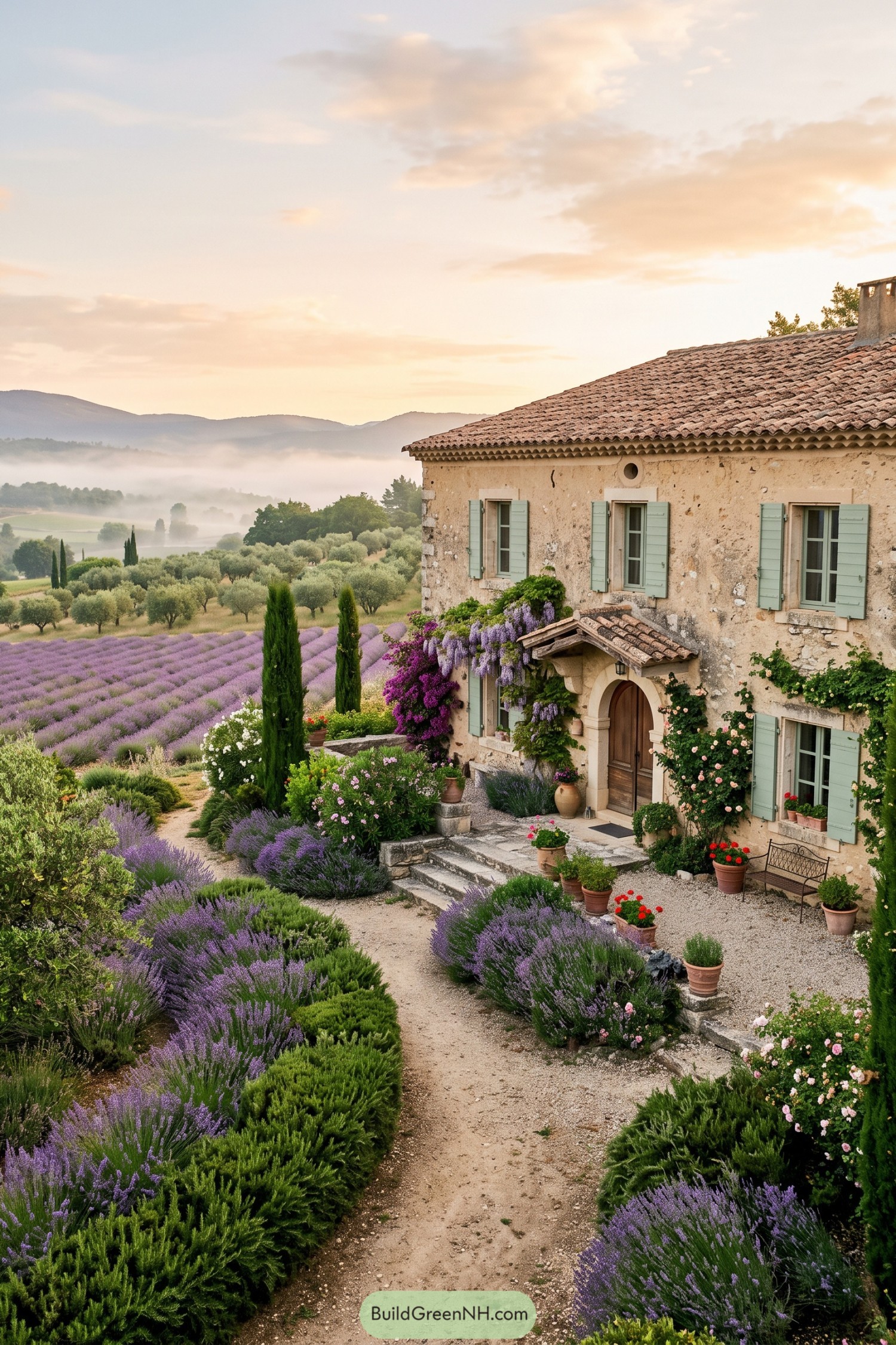 Provence stone mas with sage shutters beside lavender fields