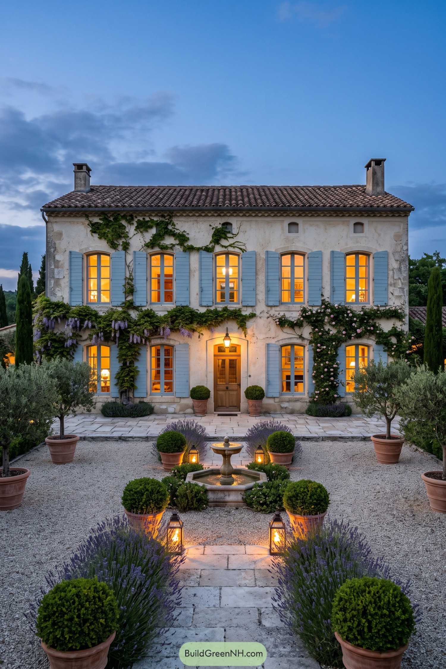 Provence house with blue shutters and formal lavender courtyard