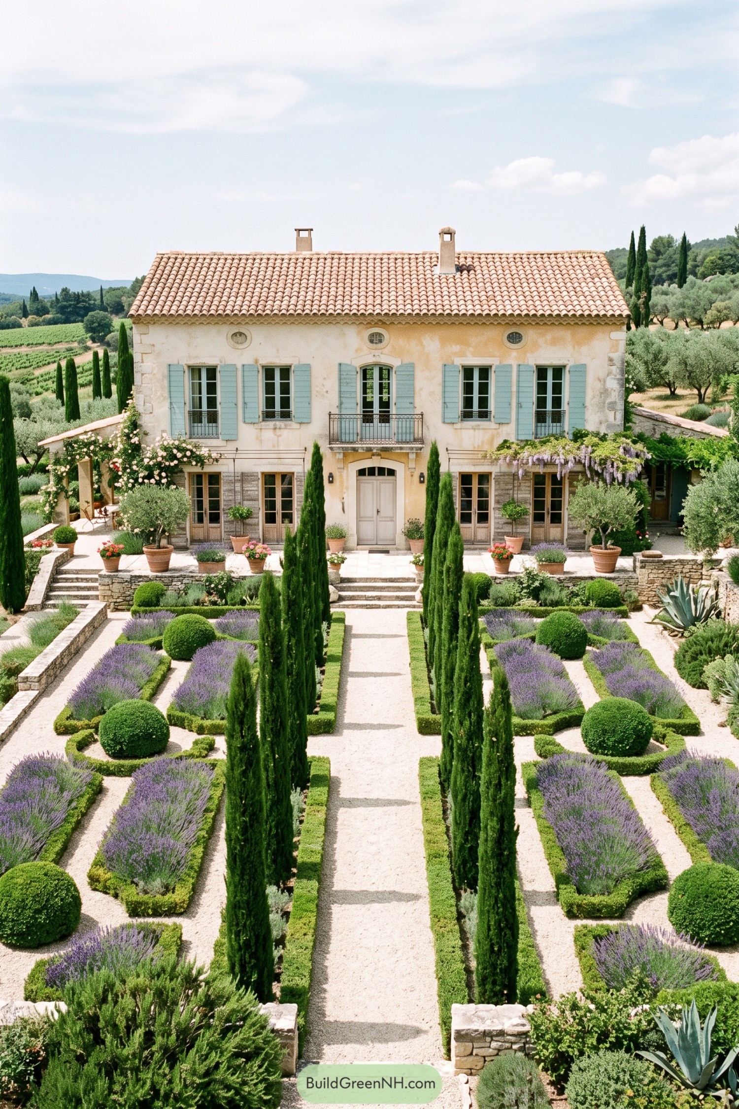 Provence house with blue shutters and lavender parterre garden