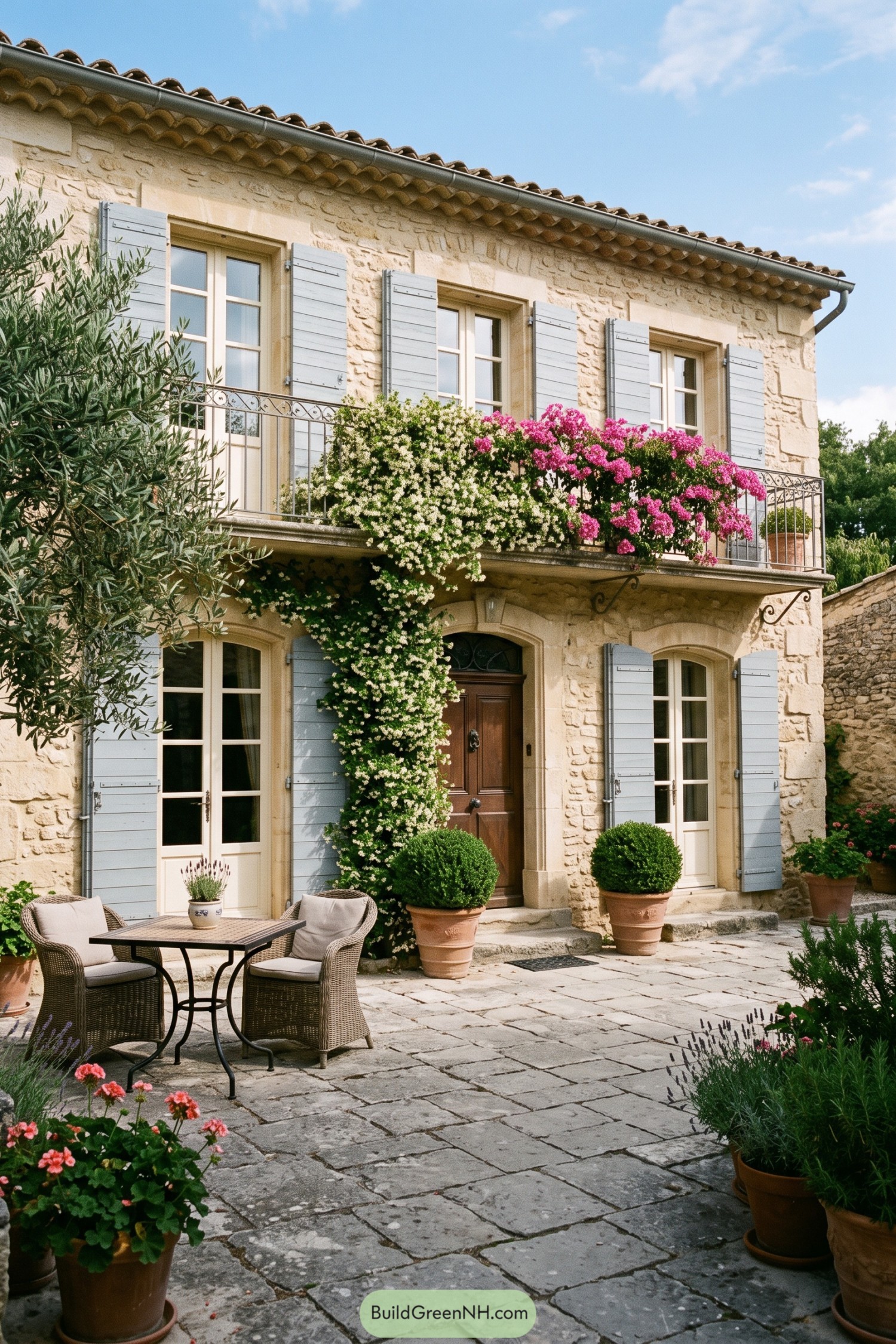 Provence stone house with blue shutters and flowered balcony