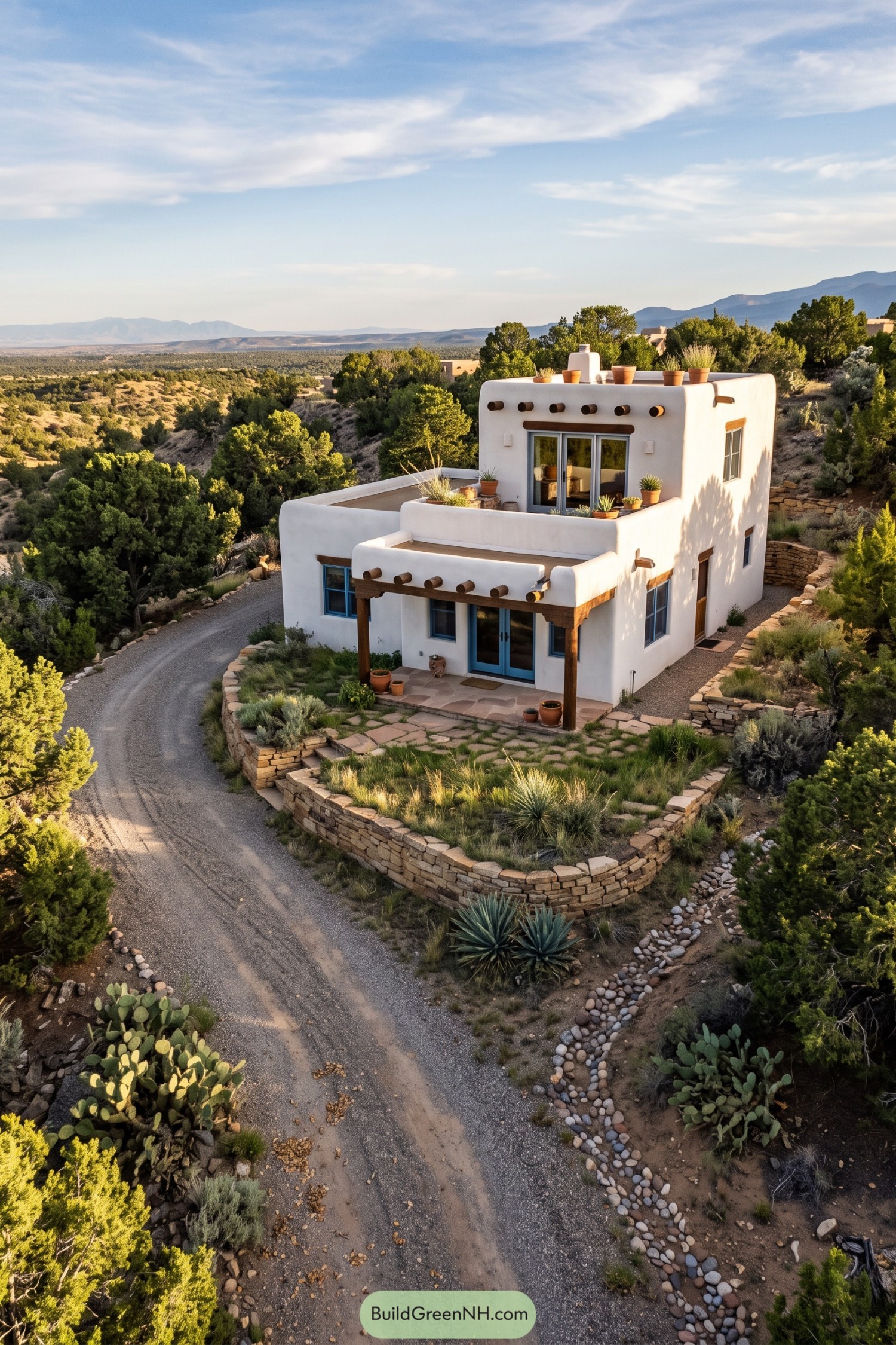 Two-story white pueblo home with terraces and timber pergola