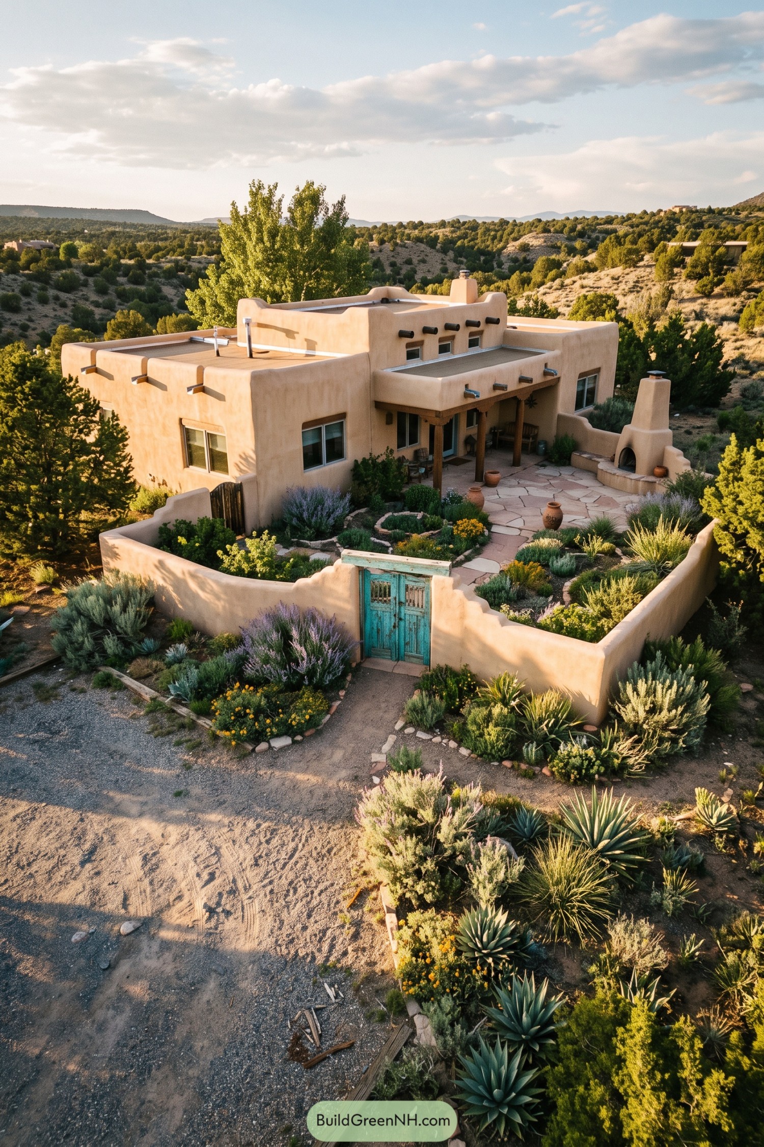 Adobe pueblo home with turquoise gate and enclosed garden