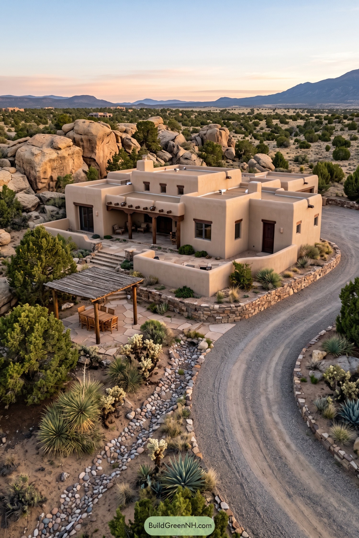 Adobe home nestled beside desert boulders with pergola patio