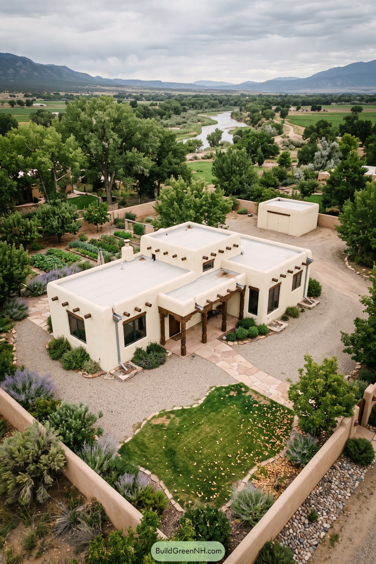 Cream pueblo home with carved wood porch overlooking a green river valley
