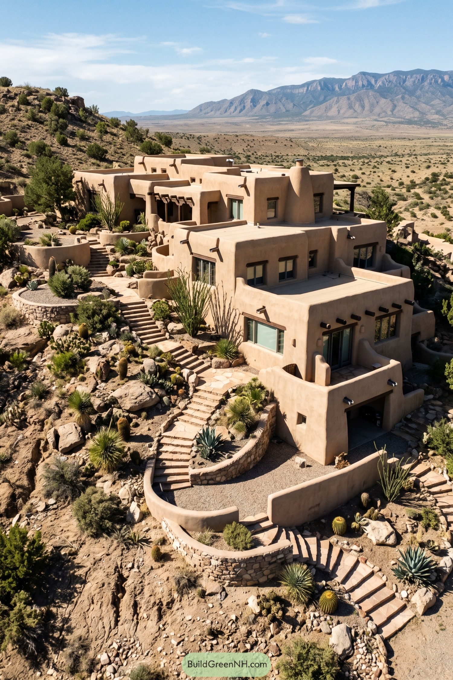 Tiered adobe pueblo home with stone paths on a desert hillside