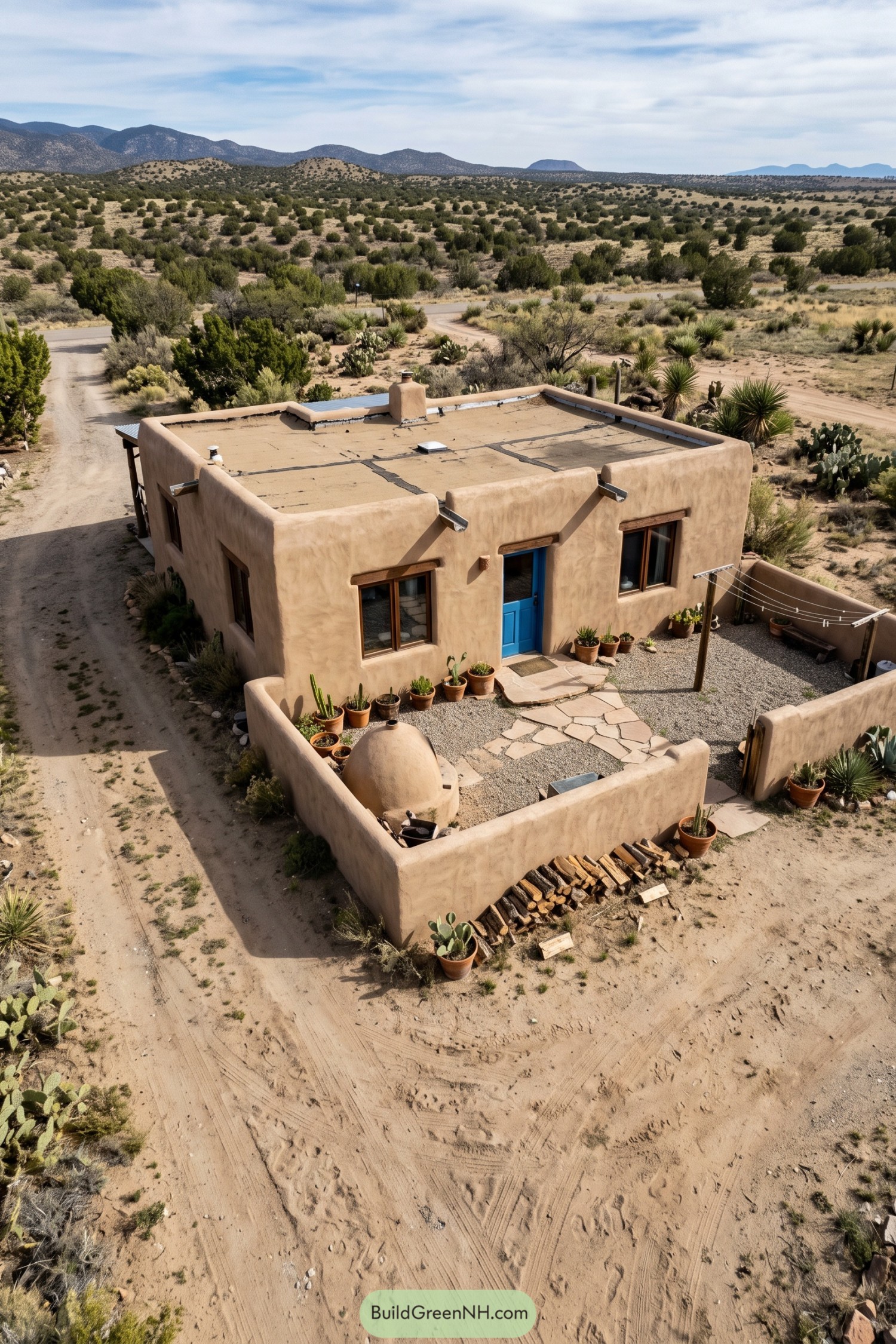 Earth-toned pueblo home with a blue door and enclosed courtyard