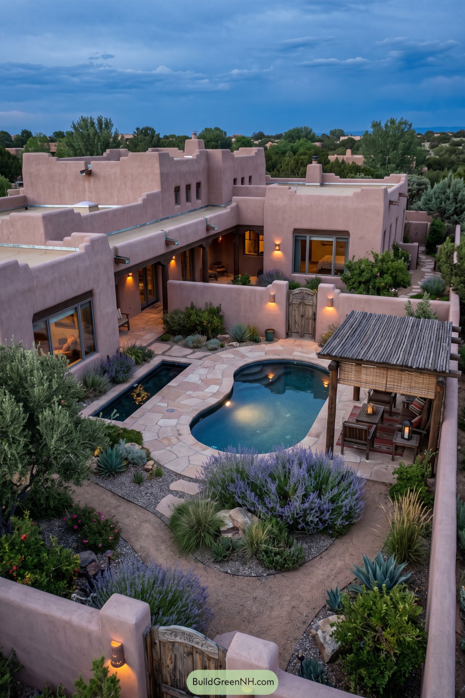 Pink stucco pueblo home with a curving pool and shaded ramada