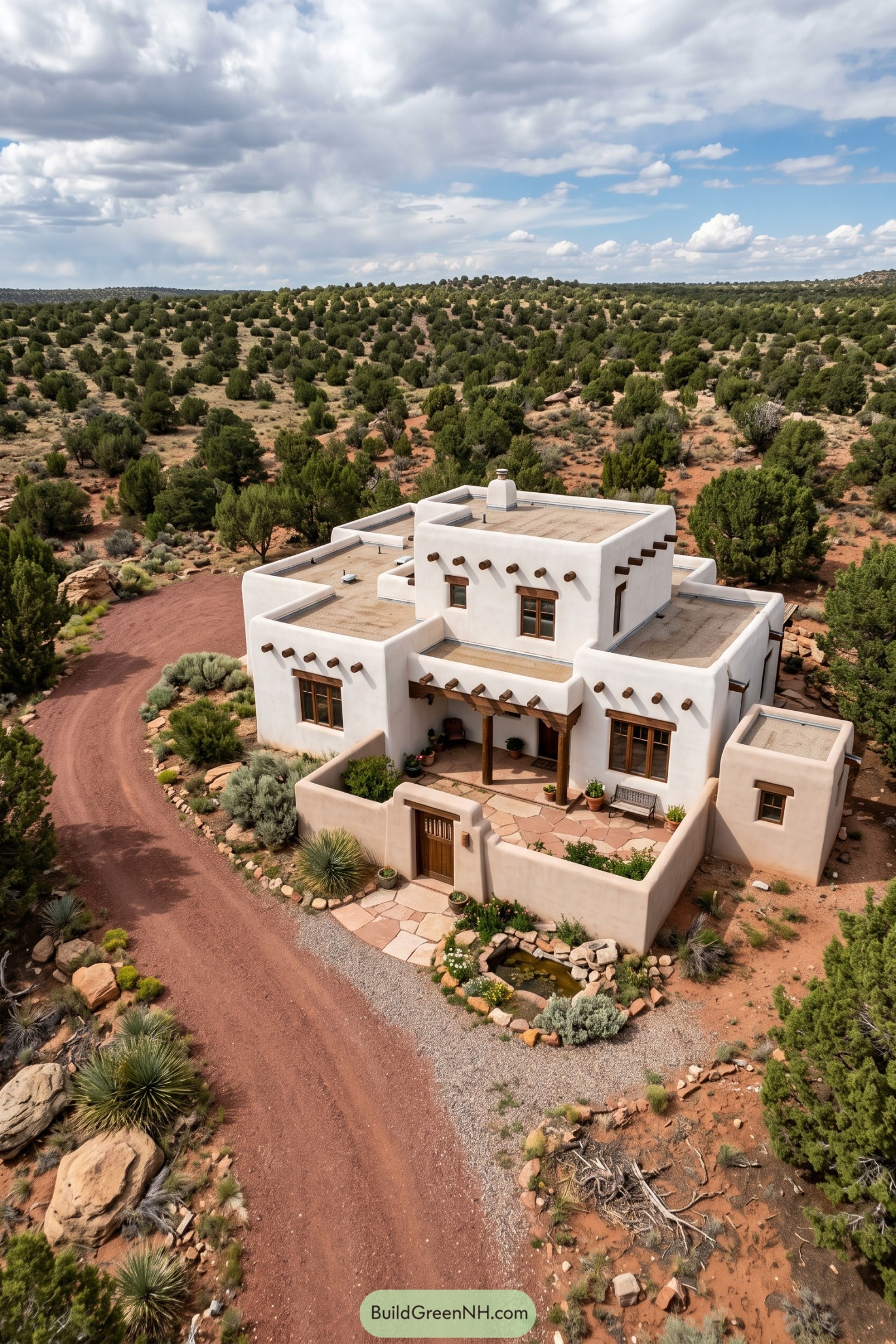 White pueblo compound with walled entry amid piñon hills