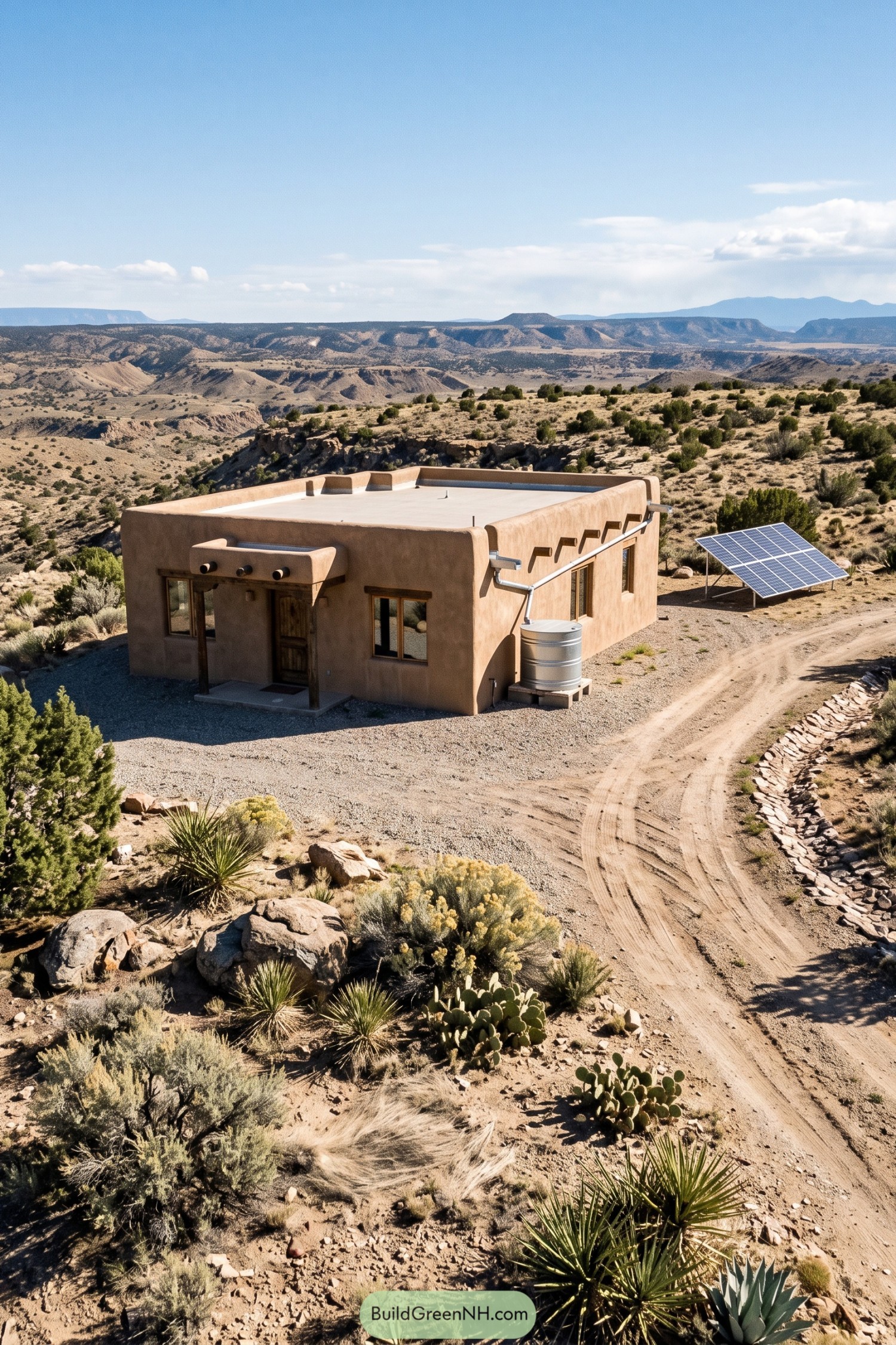 Adobe pueblo home with solar panels and rainwater tank overlooking desert mesas