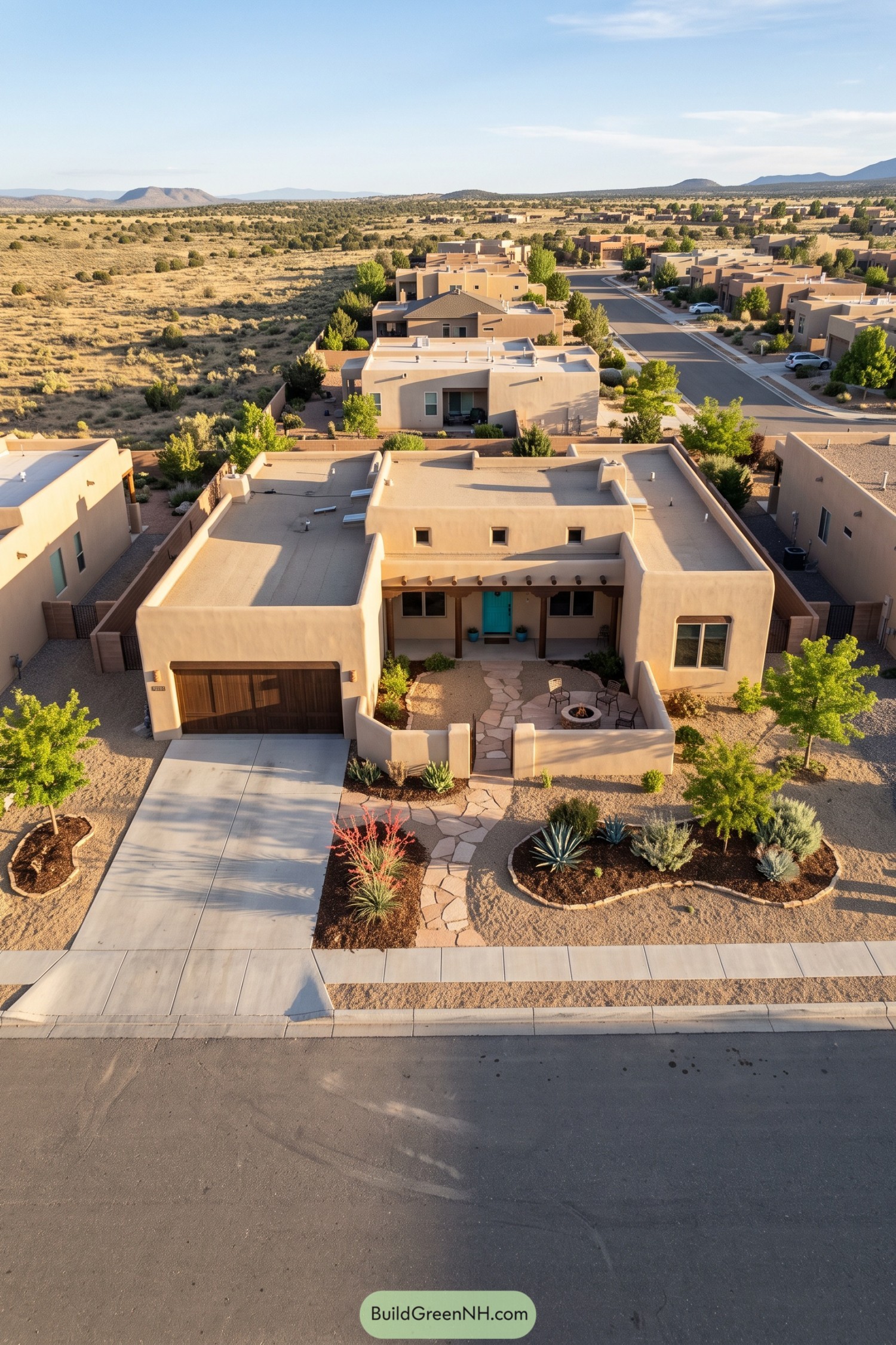 Aerial view of a stucco pueblo home with a turquoise entry and firepit courtyard