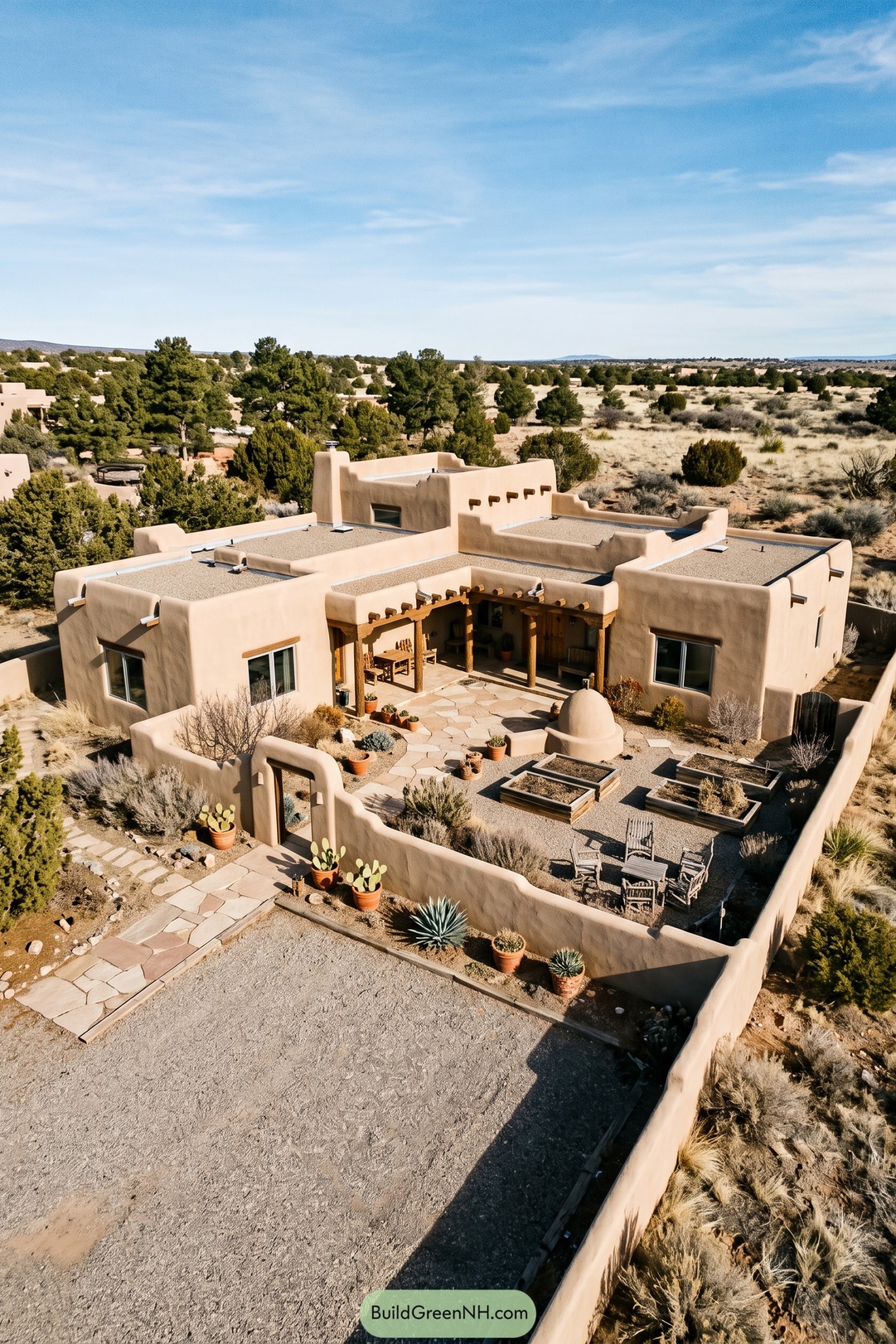 Adobe pueblo home with a sheltered garden courtyard