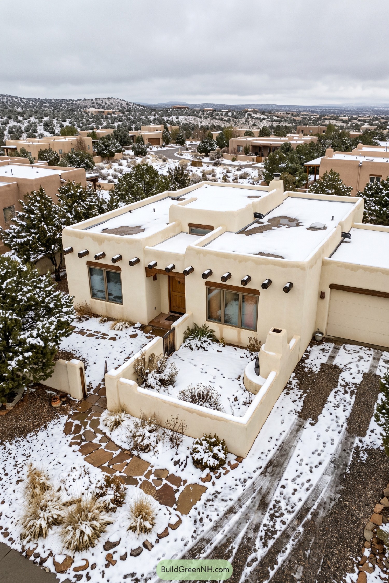 Cream stucco pueblo home with snow-covered flat roofs and vigas