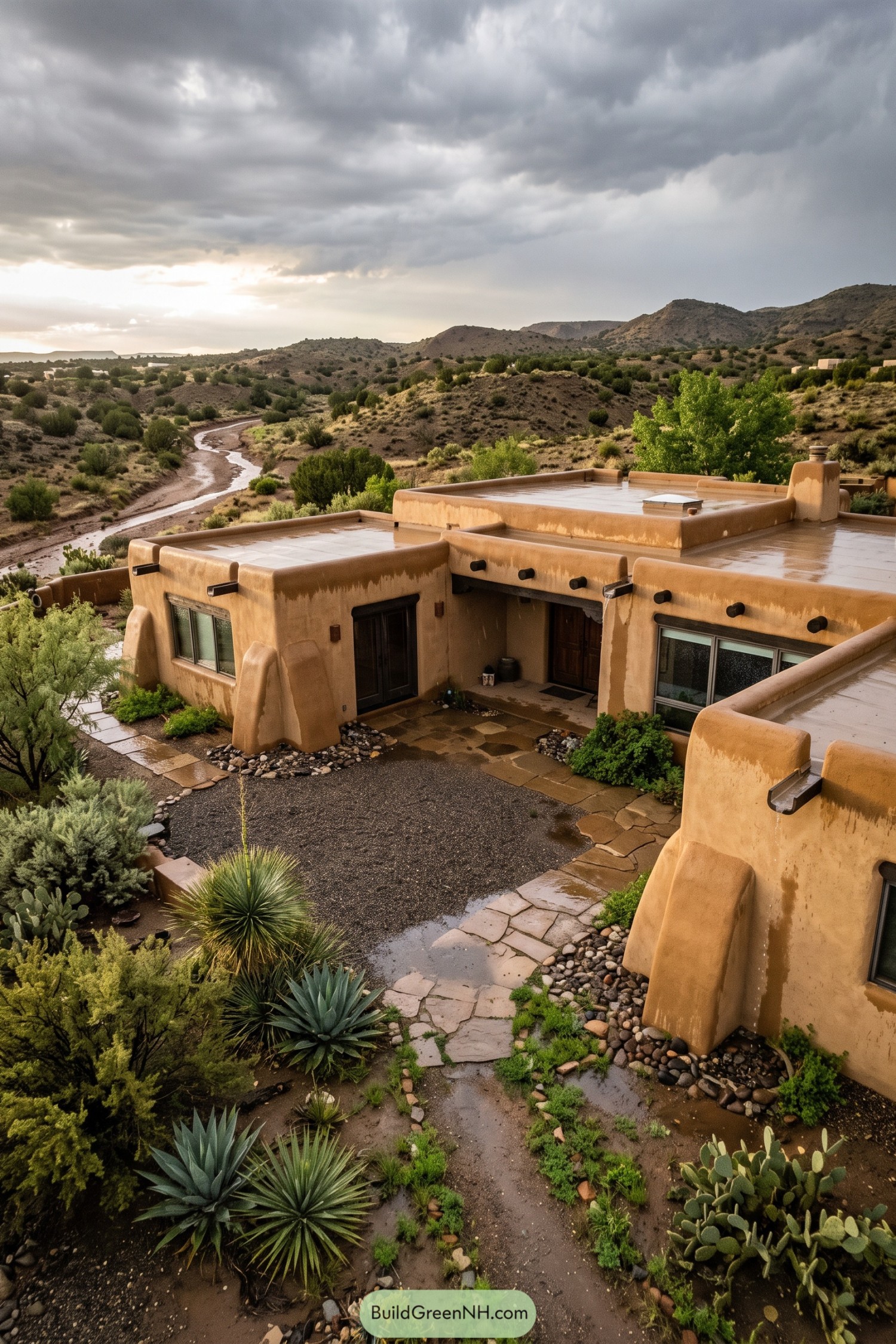 Adobe pueblo home beside a desert arroyo after rain