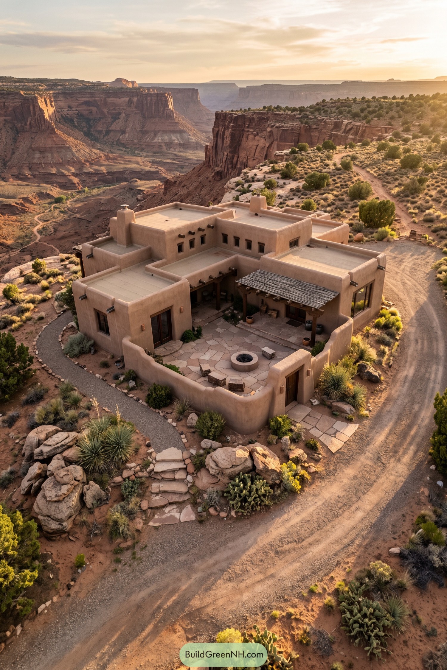 Aerial view of an adobe pueblo home beside canyon cliffs