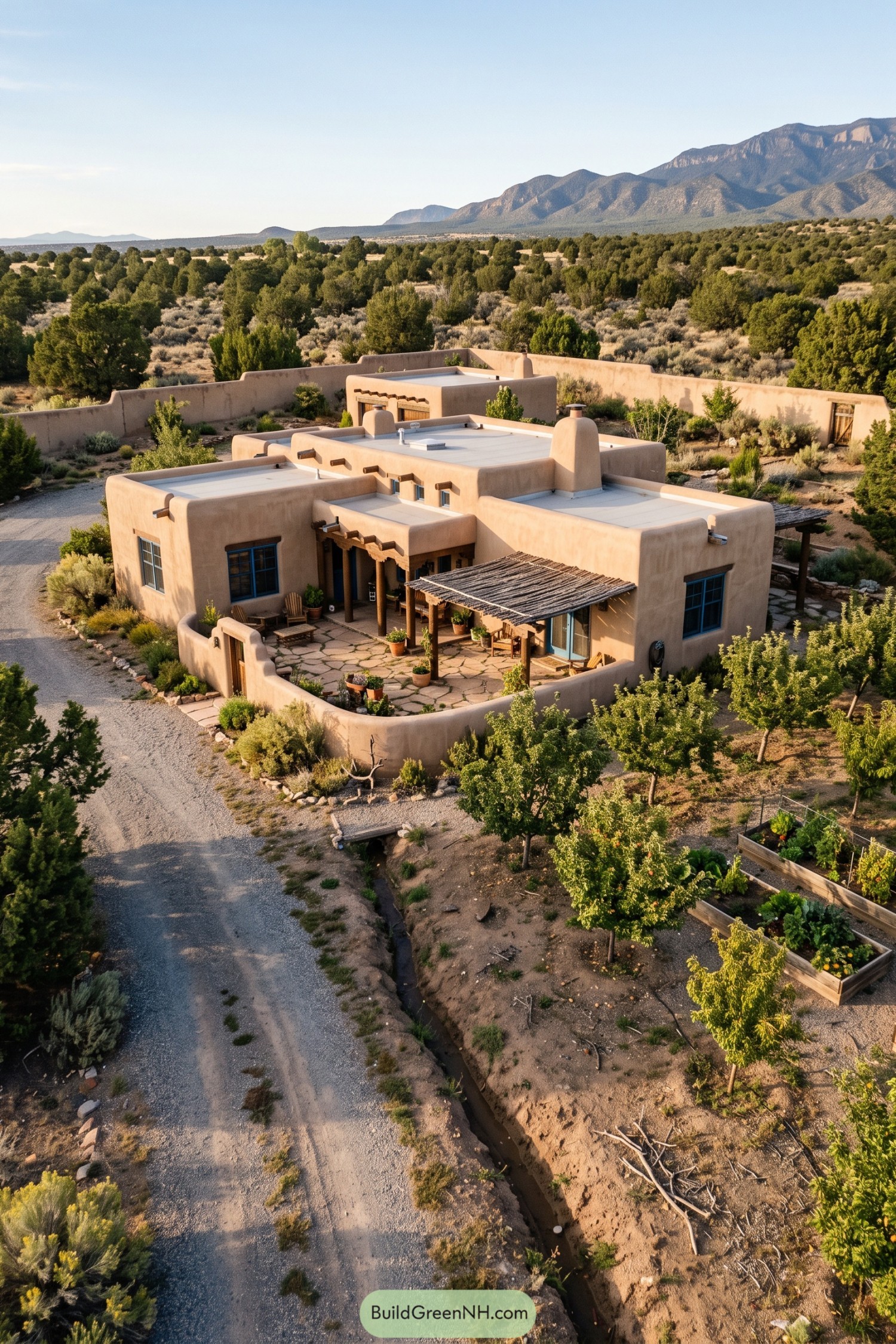 Adobe pueblo home with a shaded stone patio and orchard garden