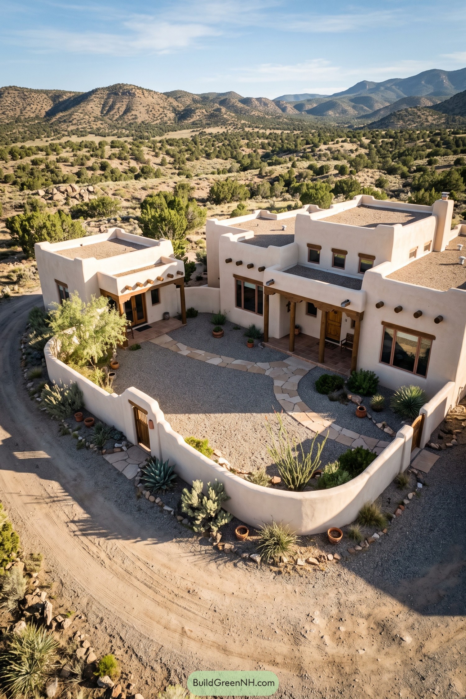 A walled pueblo home with mountain views