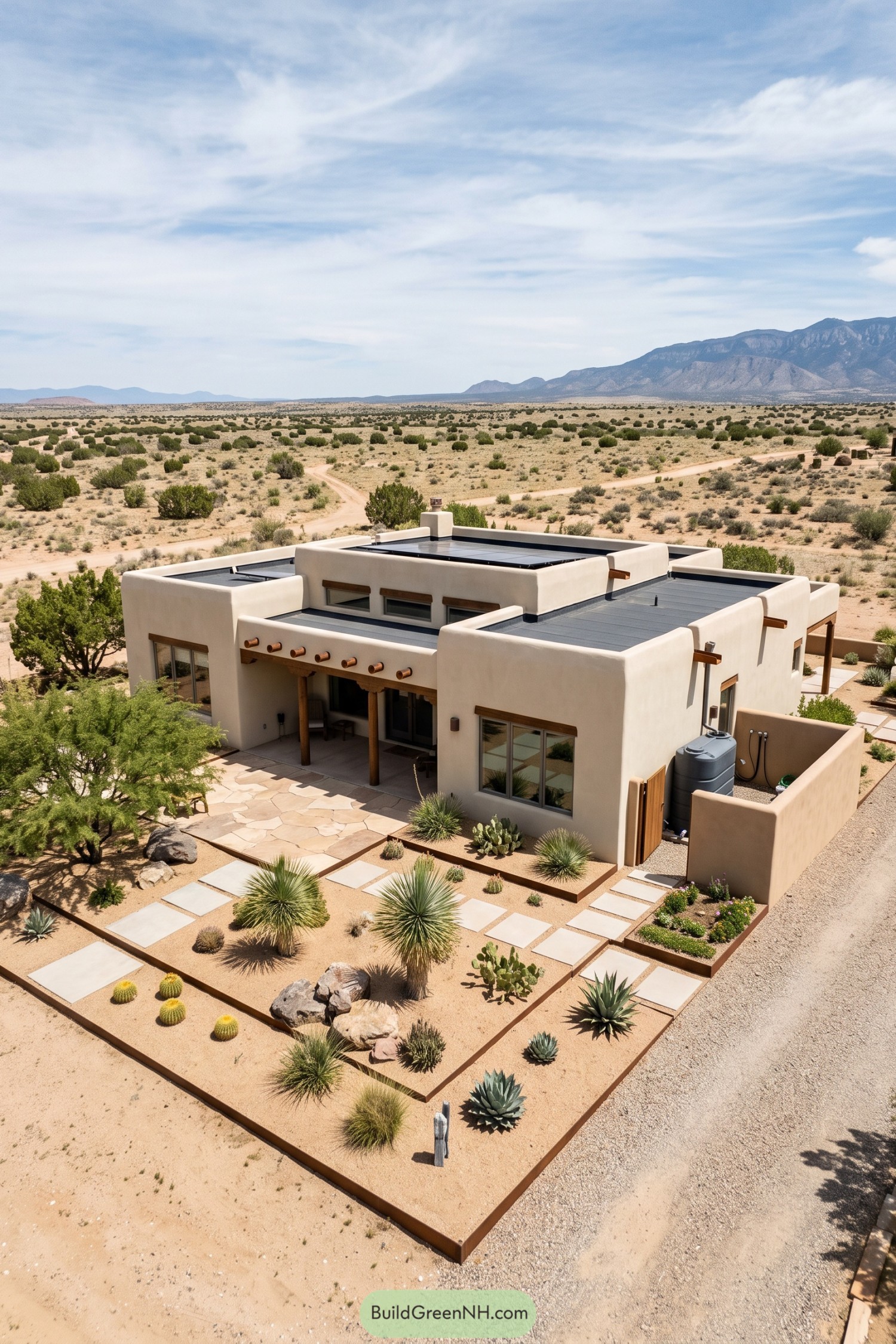 Modern pueblo home with solar roof and desert garden