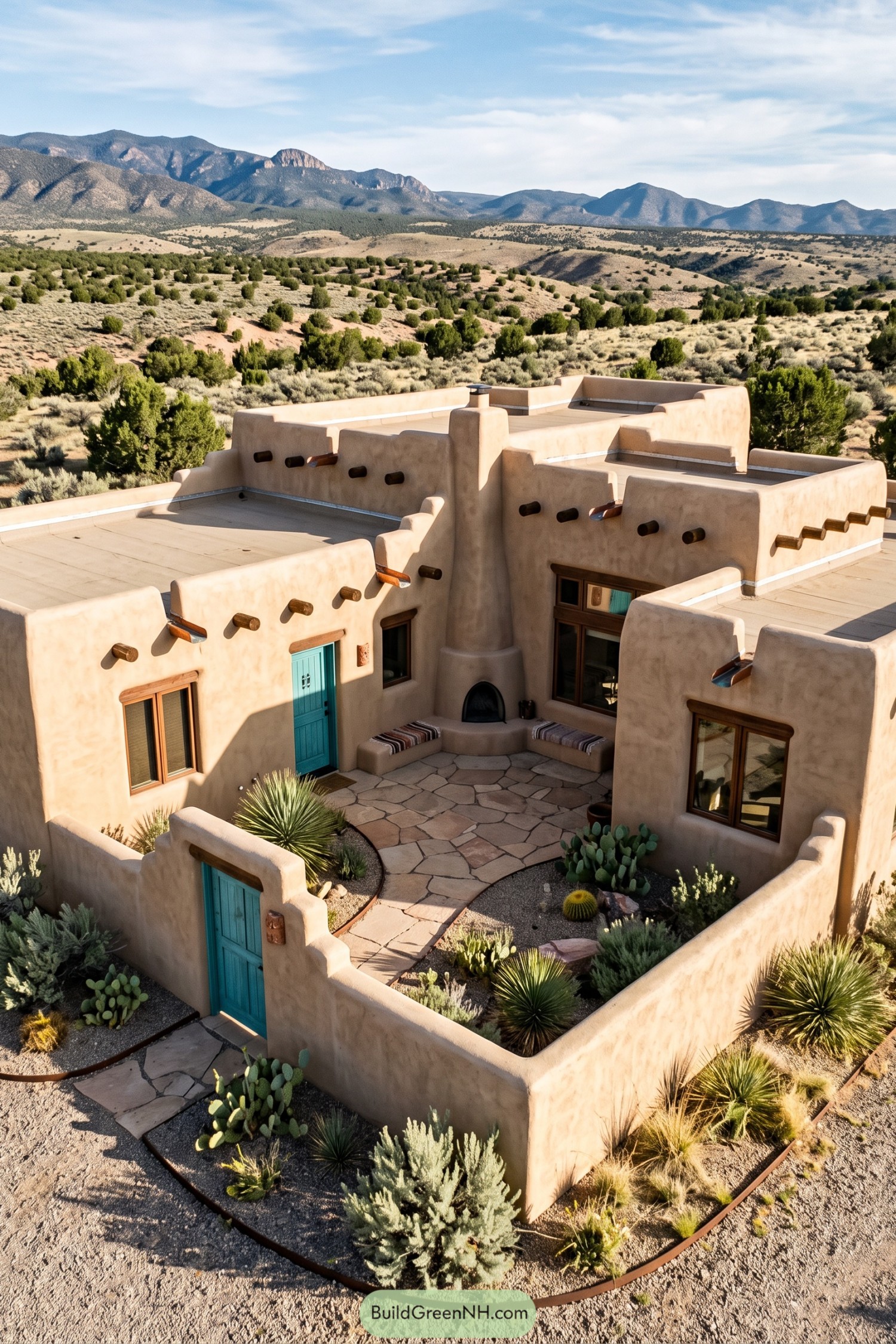 Adobe pueblo home with turquoise doors and enclosed courtyard