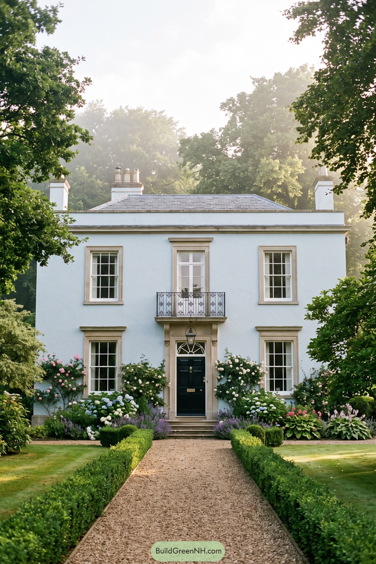Powder blue Regency villa with black door and formal garden