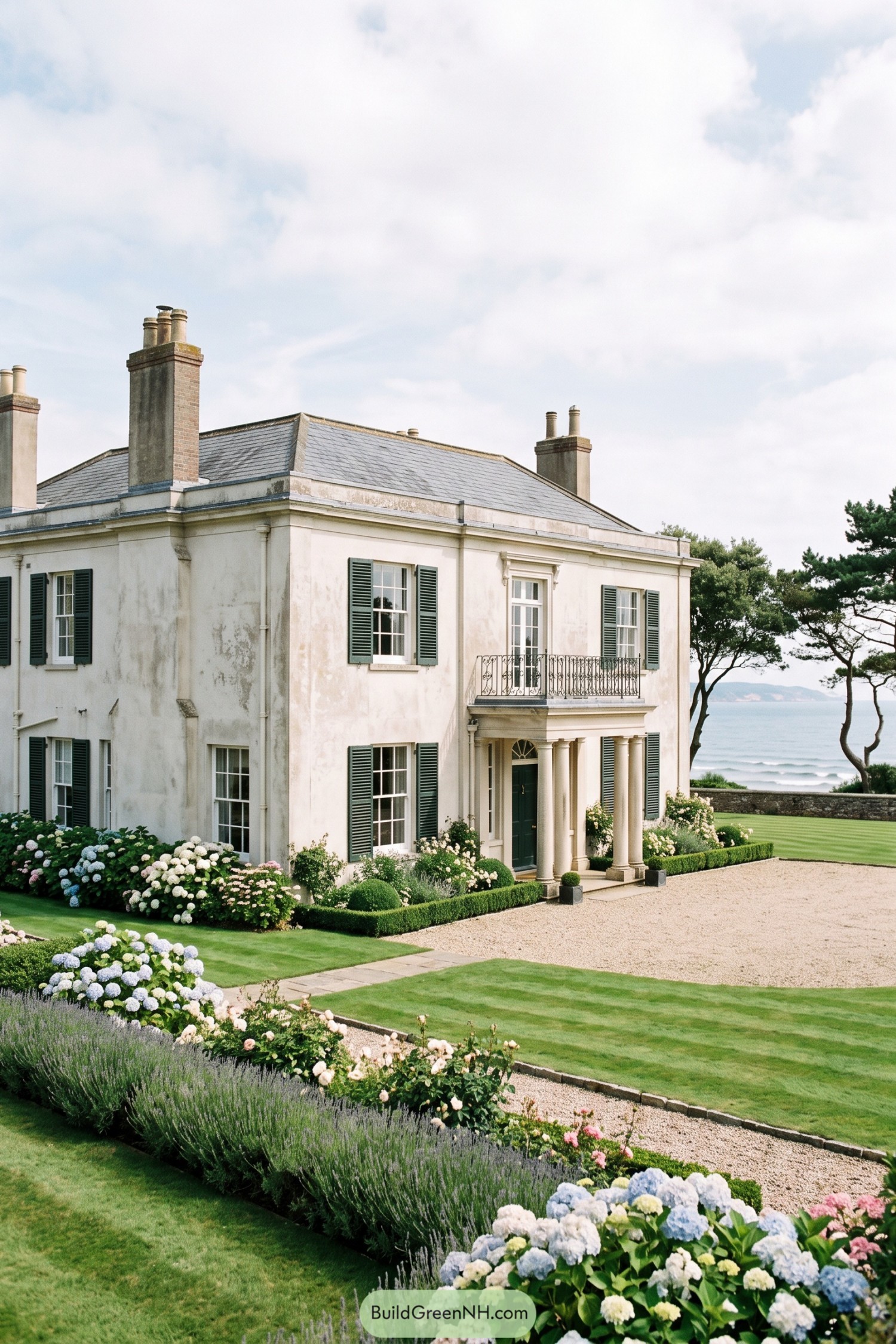Coastal Regency house with green shutters and hydrangea gardens