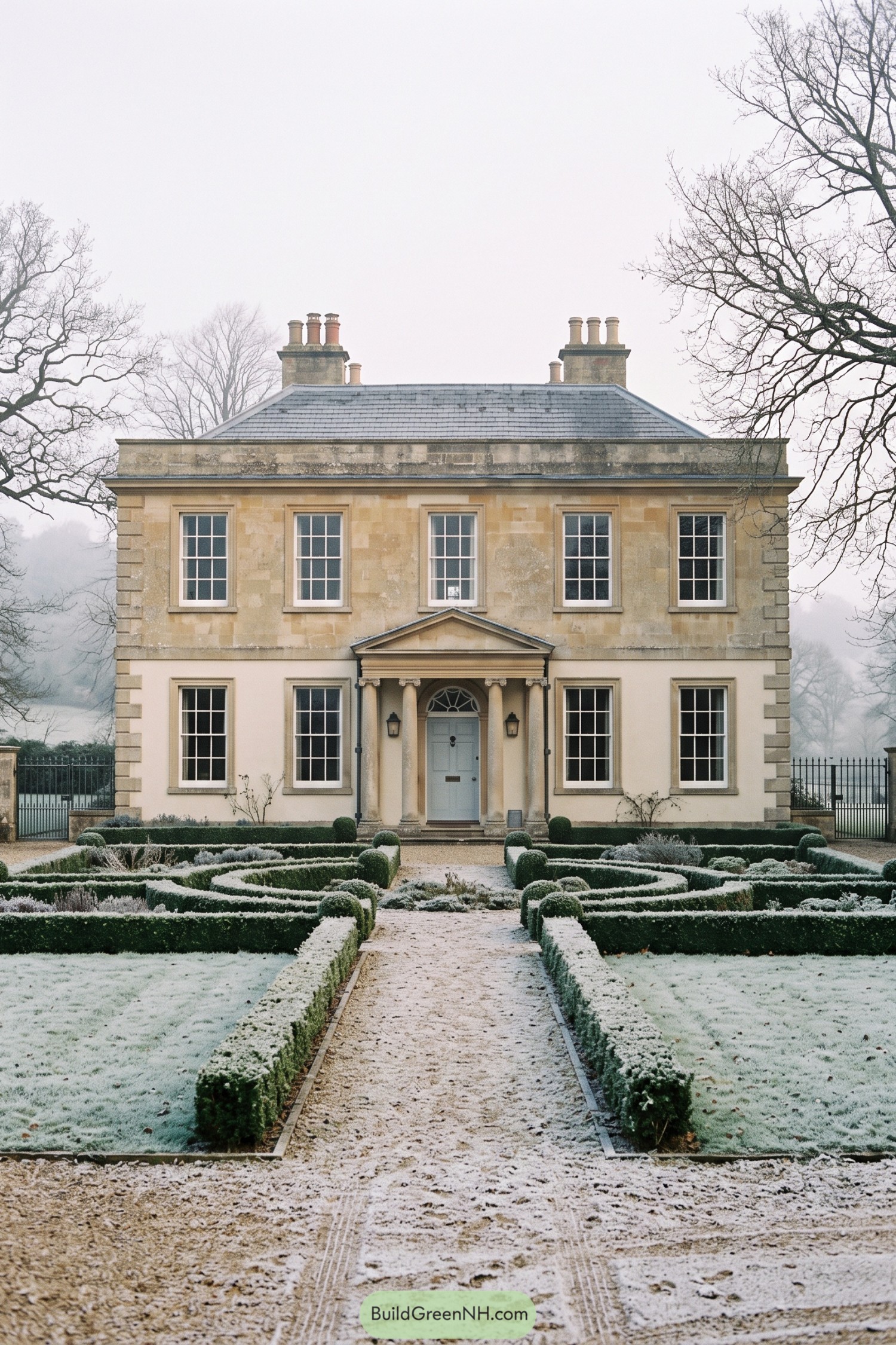 Pale stone Regency house with frosted formal gardens