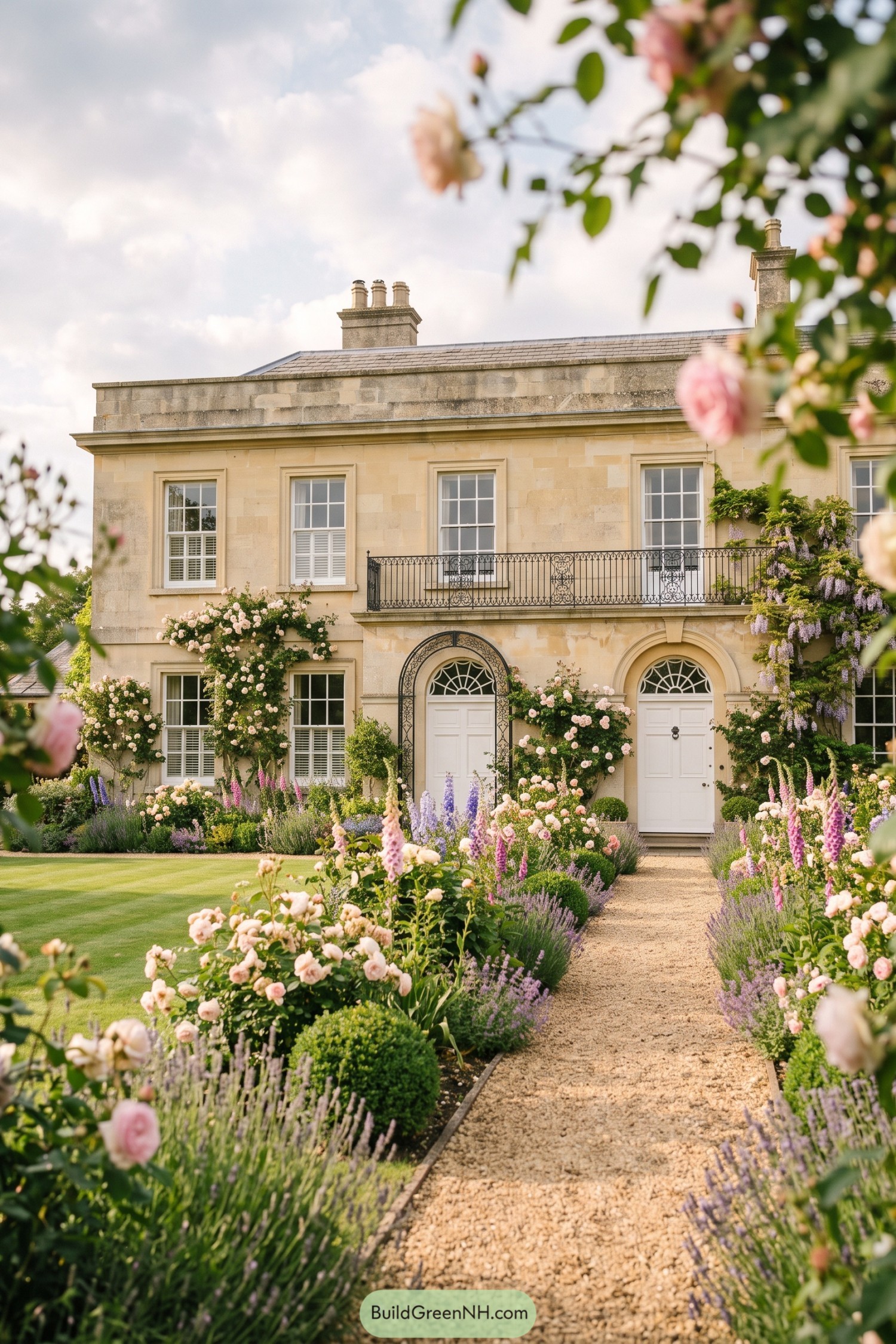 Cream stone Regency villa with rose-lined gravel path