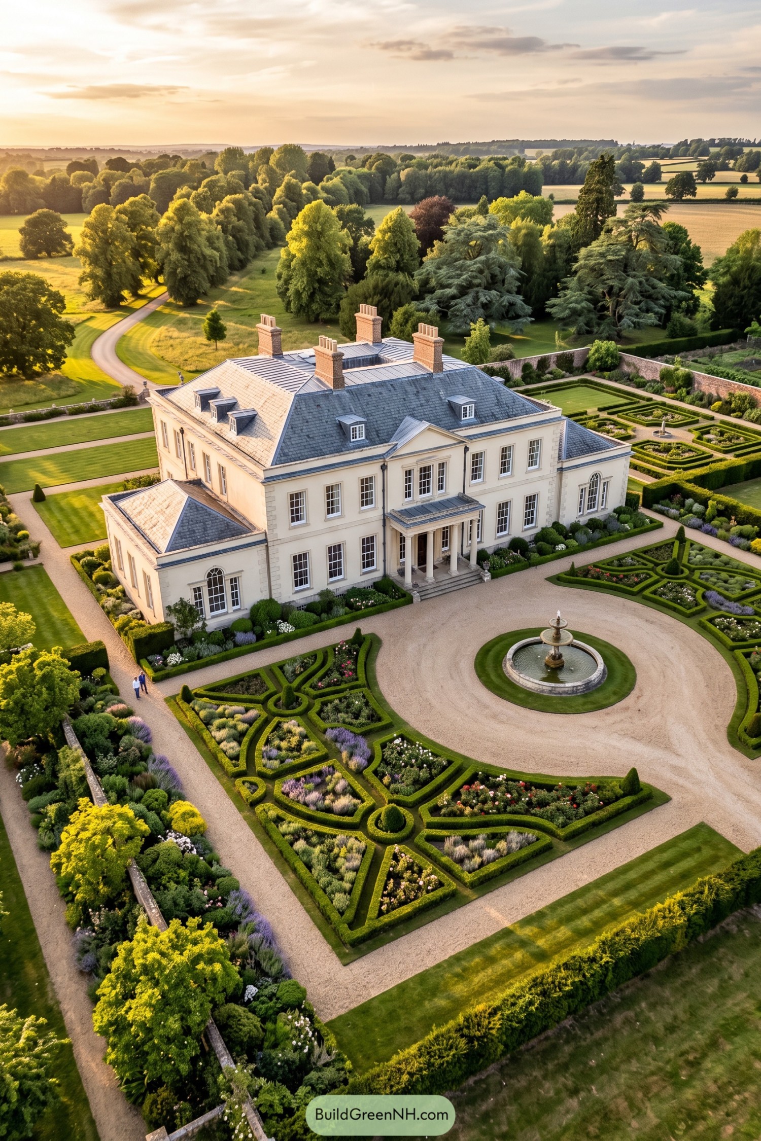 A pale Regency hall with formal gardens and fountain