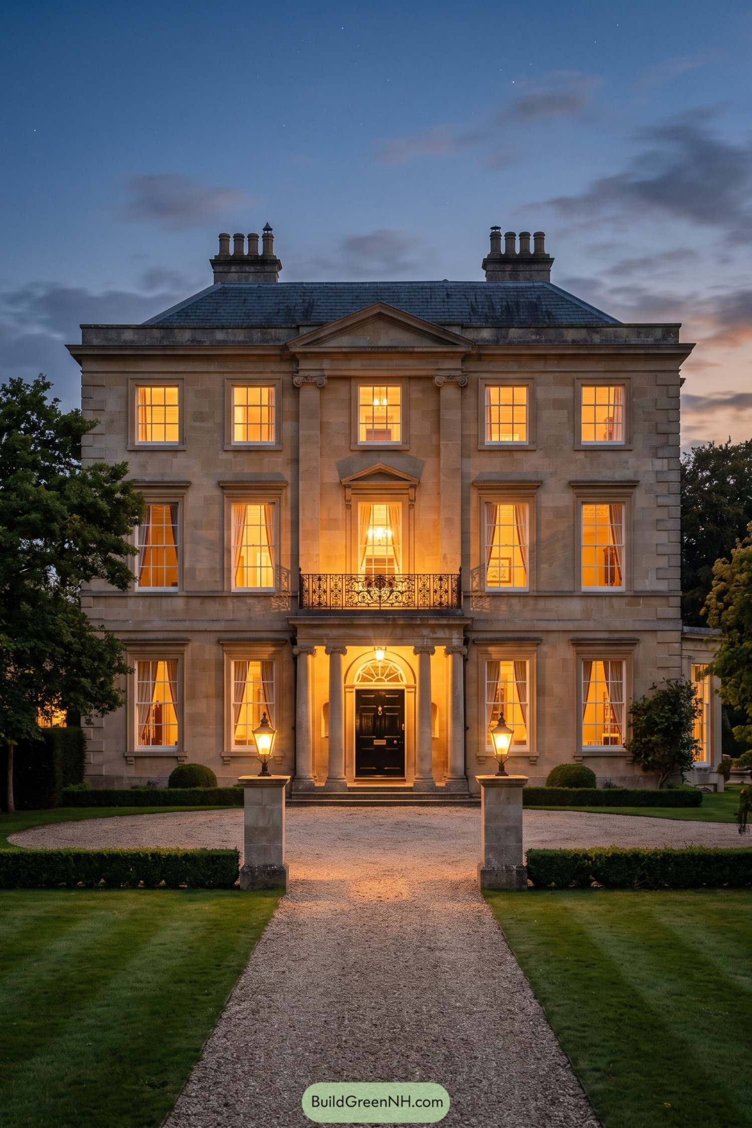 Grand stone Regency mansion with lit windows and columned entrance at dusk